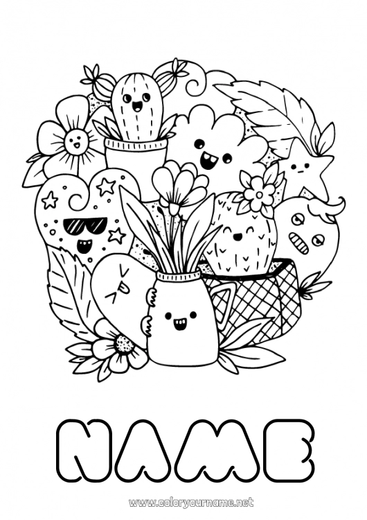 Coloring page to print Cute Kawaii Cactus