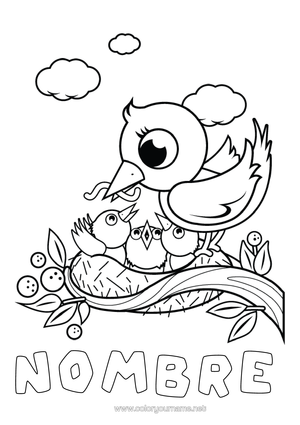 Dibujo para colorear para imprimir Pájaro Primavera Animales Aves Y Mamíferos Voladores Nido De Pájaro Bebé Animal