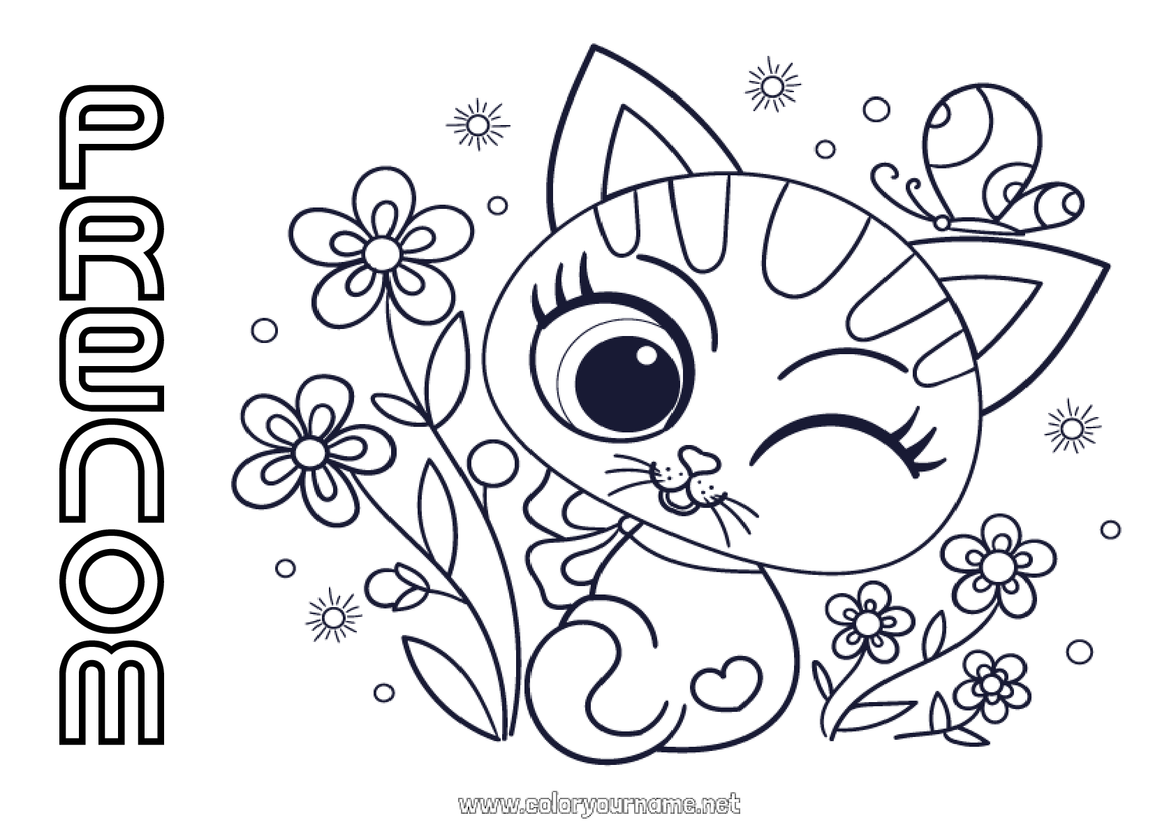 Coloriage n°1198 - Mignon Fleurs Chat
