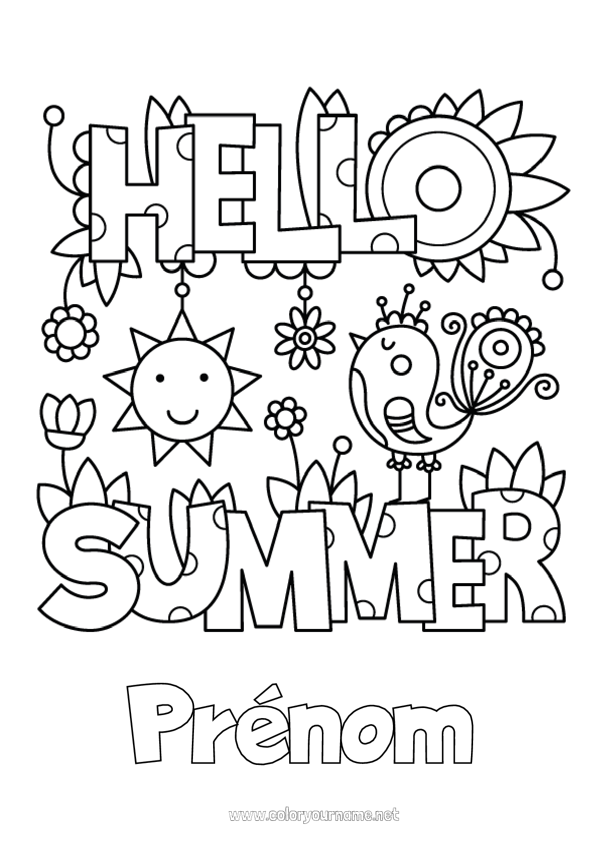 Coloriage Prénom Personnalisé à Imprimer Coloriage n°2088 - Fleurs Oiseau Été