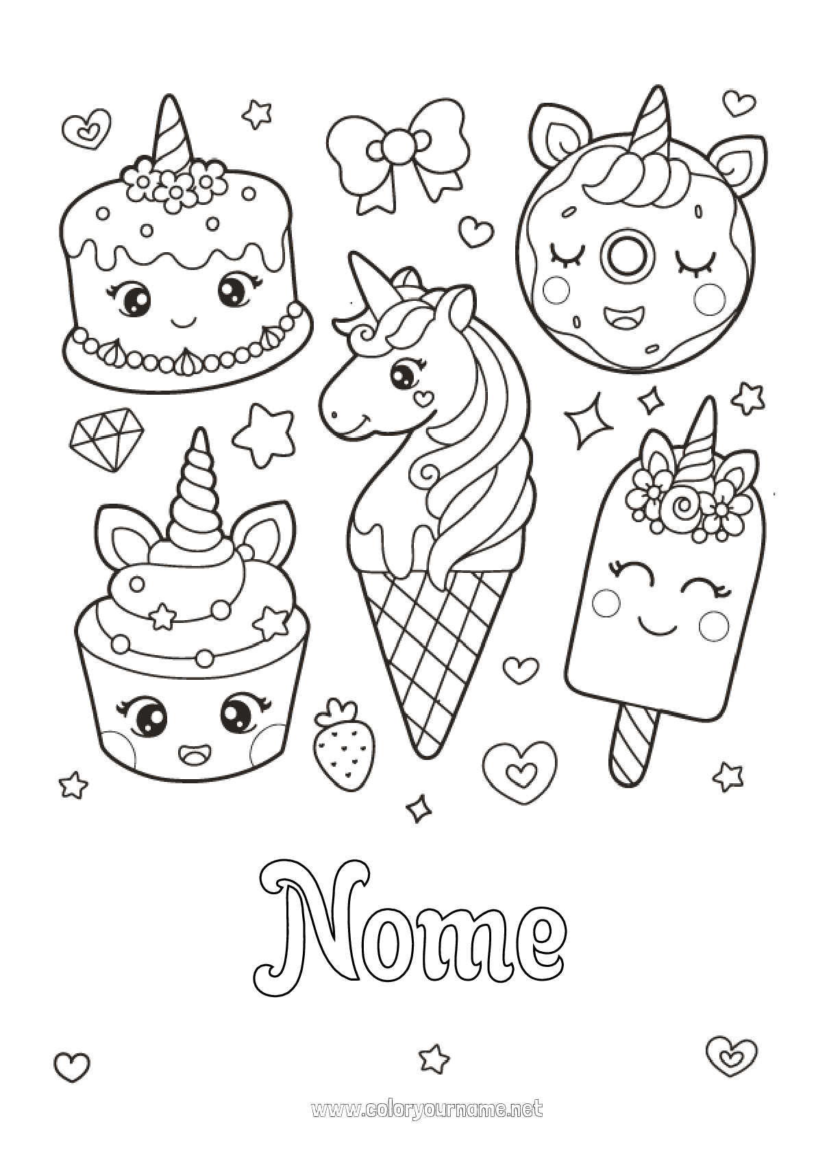 Desenho de cup cake de sobremesas de unicórnio e sorvete para colorir