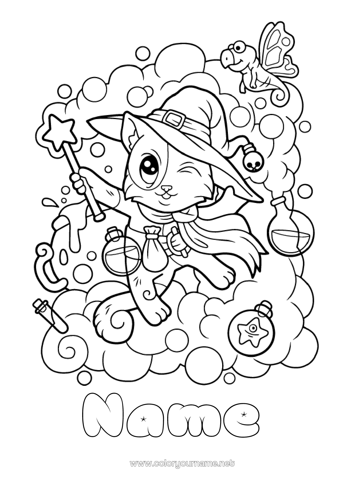 Coloring page No.3349 - Black cat Magic pot Cat