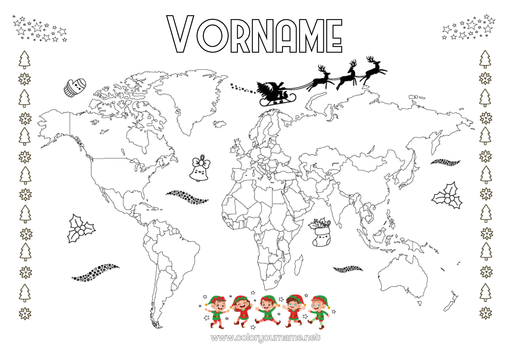 Malvorlage Nr.3369 - Weihnachtself Geografie Weltkarte