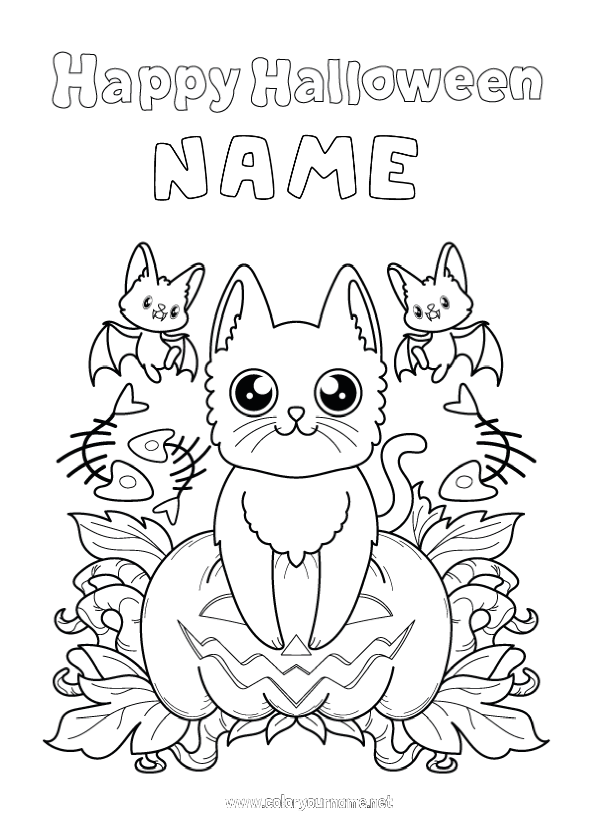 Coloring page No.3414 - Bat Pumpkin Black cat