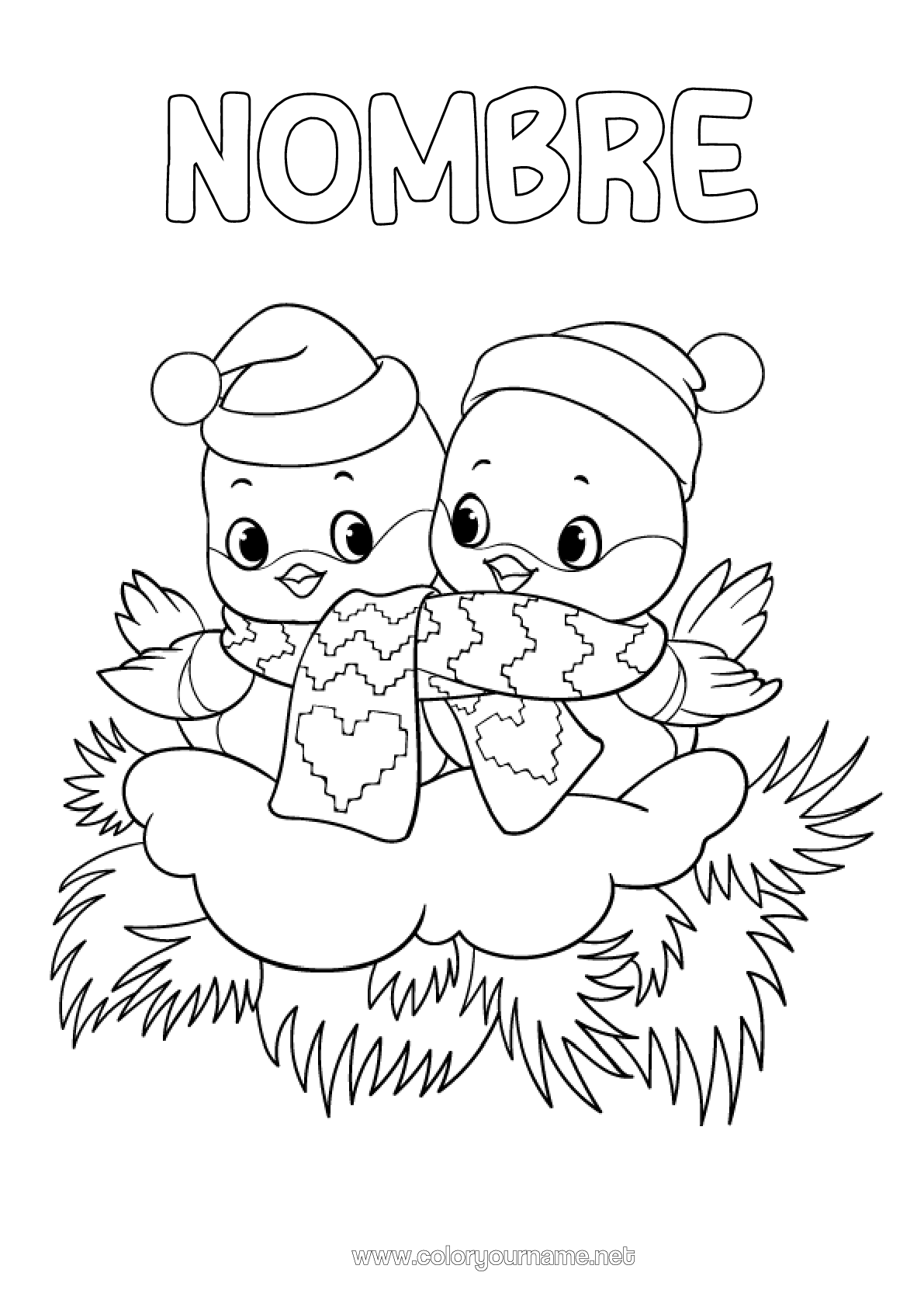 Dibujo para colorear para imprimir Invierno Pájaro Animales Aves Y Mamíferos Voladores Bufanda Gorro Navideño Nido De Pájaro