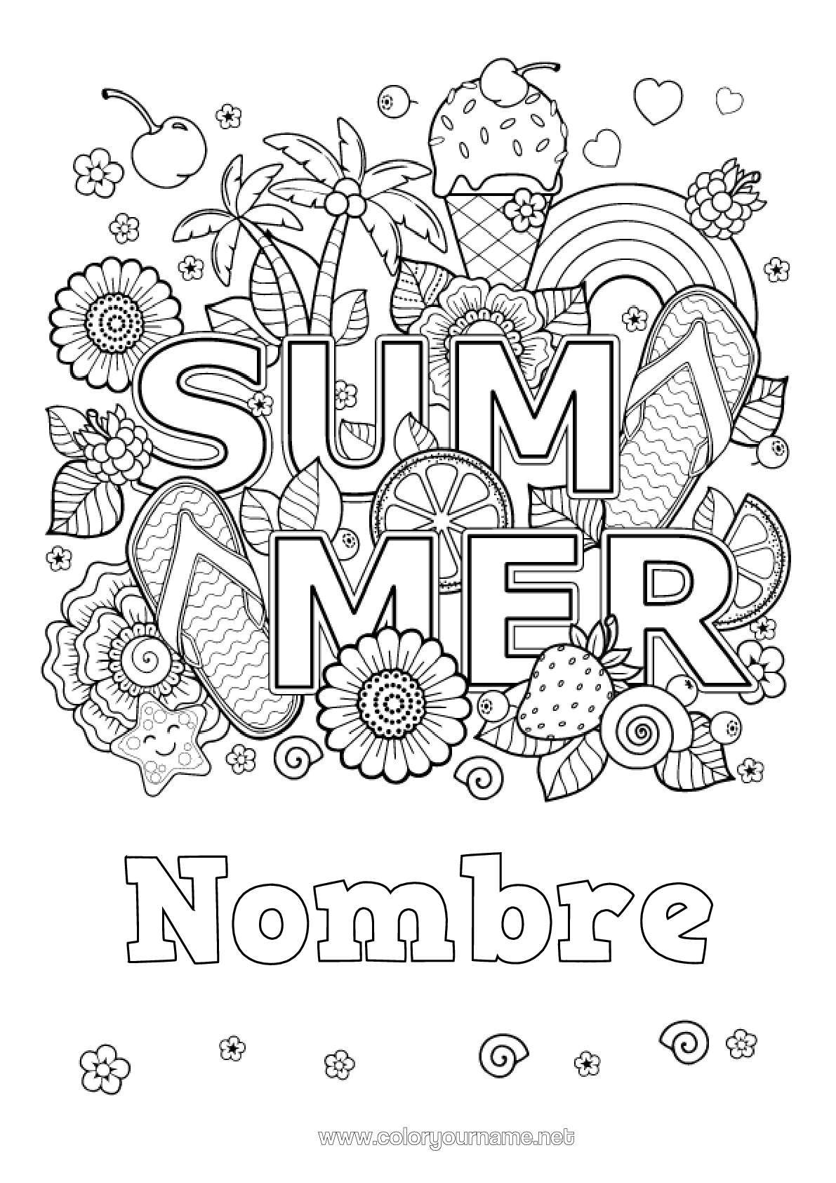 Dibujo para colorear para imprimir Mandala Verano Arcoíris Palmera Golosinas Helado Simbolos Chanclas