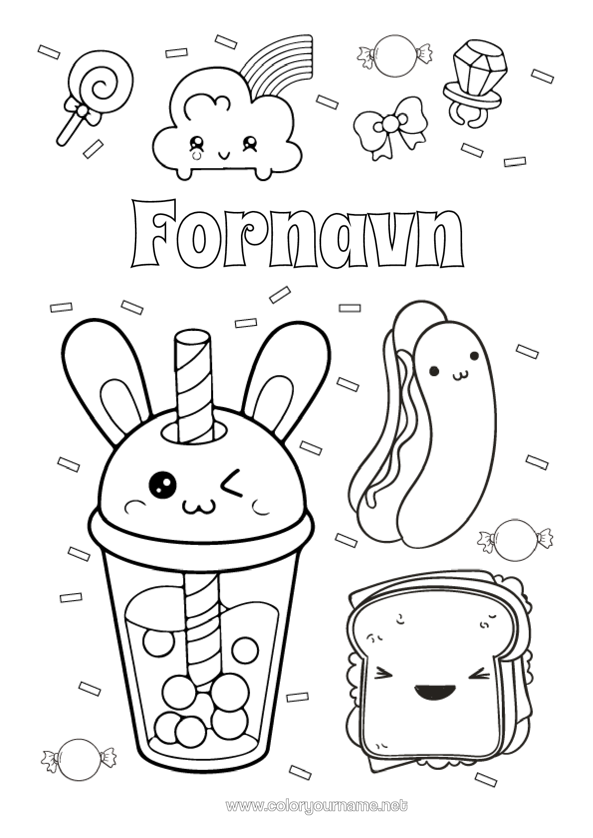 Farvelægningssiden til udskrivning Kawaii Regnbue Ring Drik Slik, Søde Sager Sut Pølsehorn Bobletea Sandwich