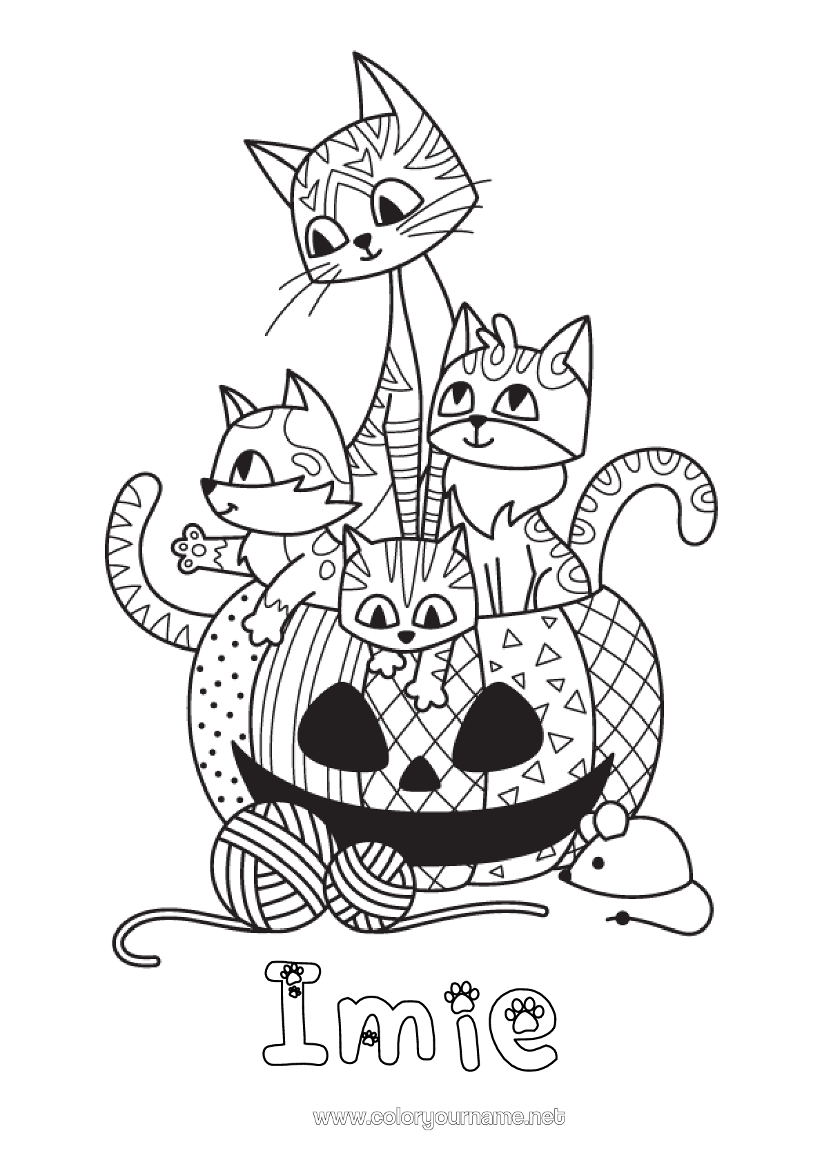 Kolorowanka do wydruku Dynia Kot Halloween Mysz Jack O'lantern Zwierzę Zentangle Psy I Koty Zwierzęta Leśne Kłębki Wełny
