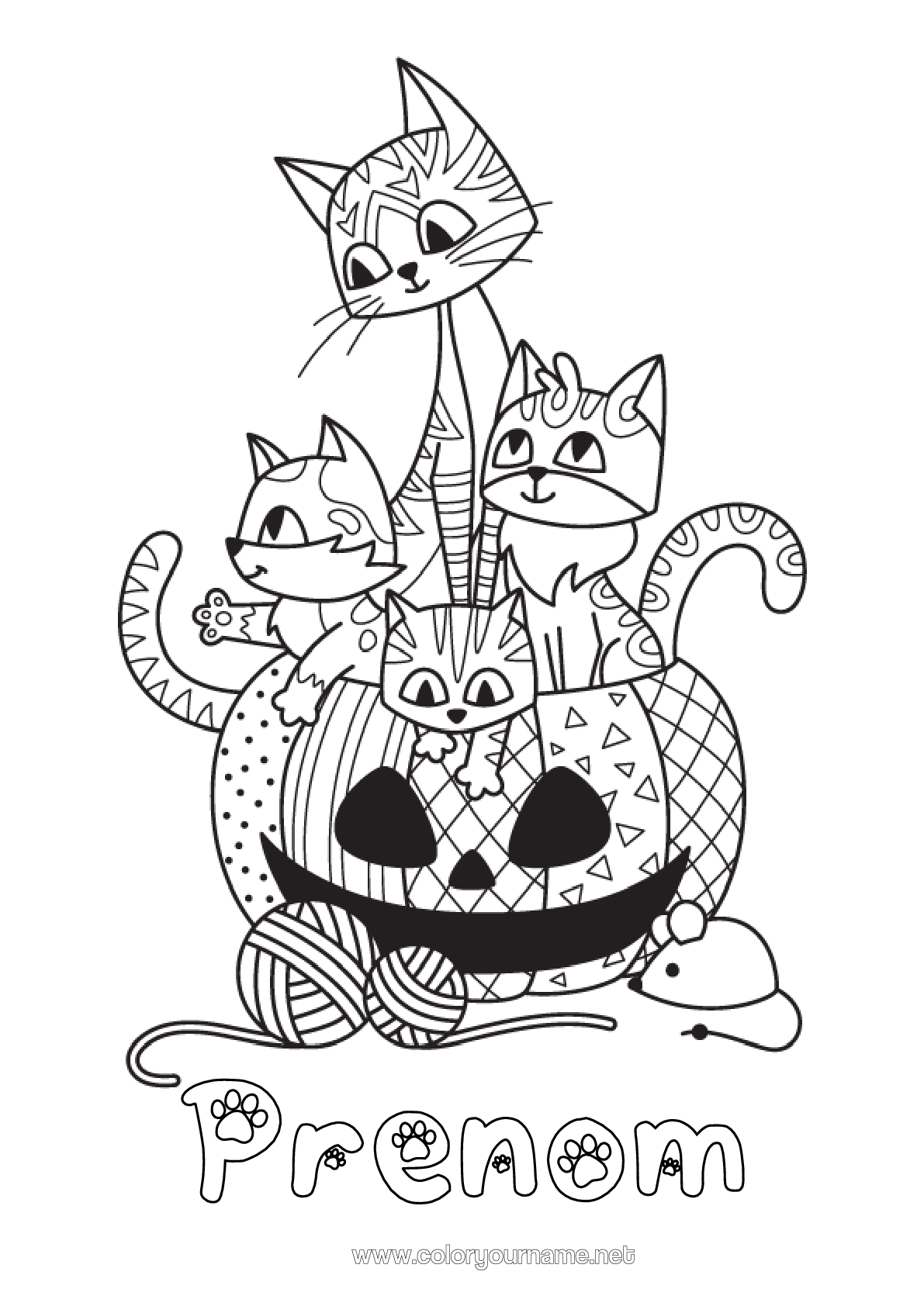 Coloriage à imprimer Citrouille Chat Halloween Souris Jack O'lantern Animal Zentangle Chiens Et Chats Animaux De La Forêt Pelotes De Laine