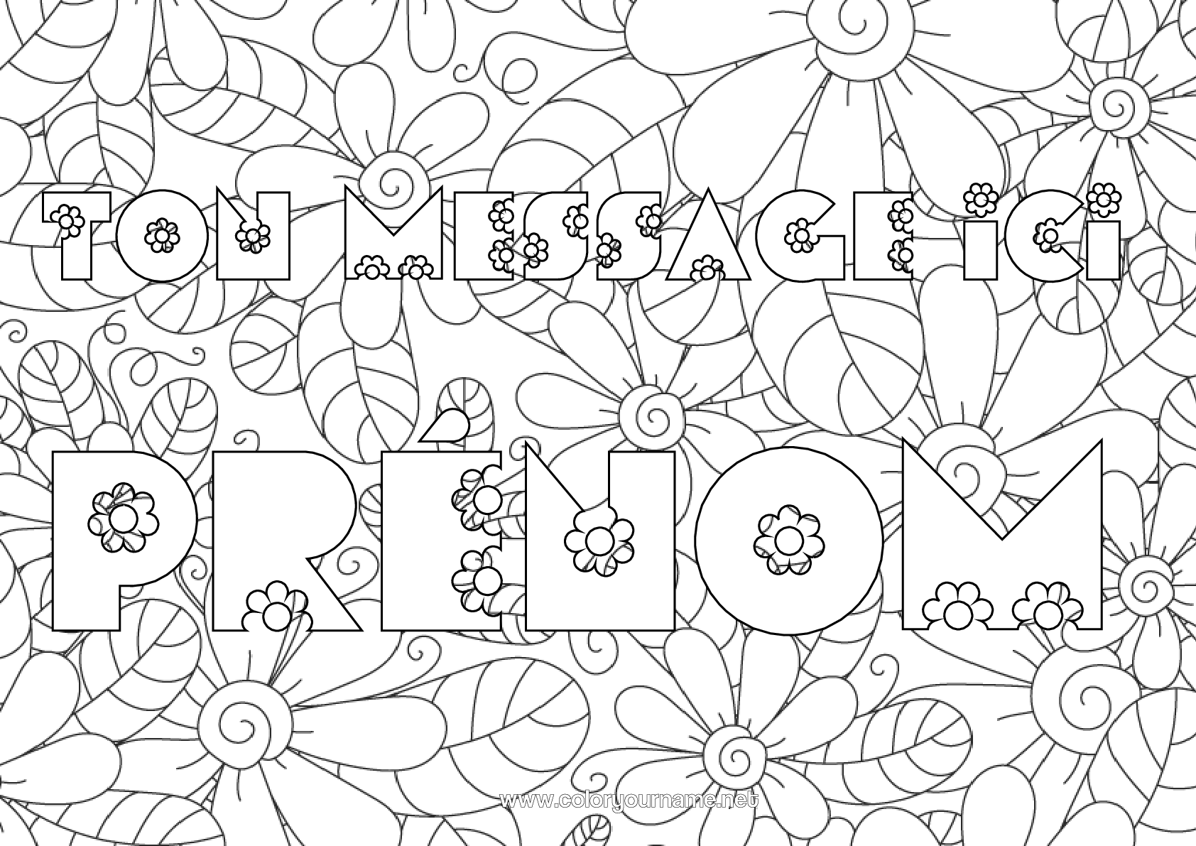 Coloriage à imprimer Fleurs Nom Décoré Marguerite Fond Décoratif