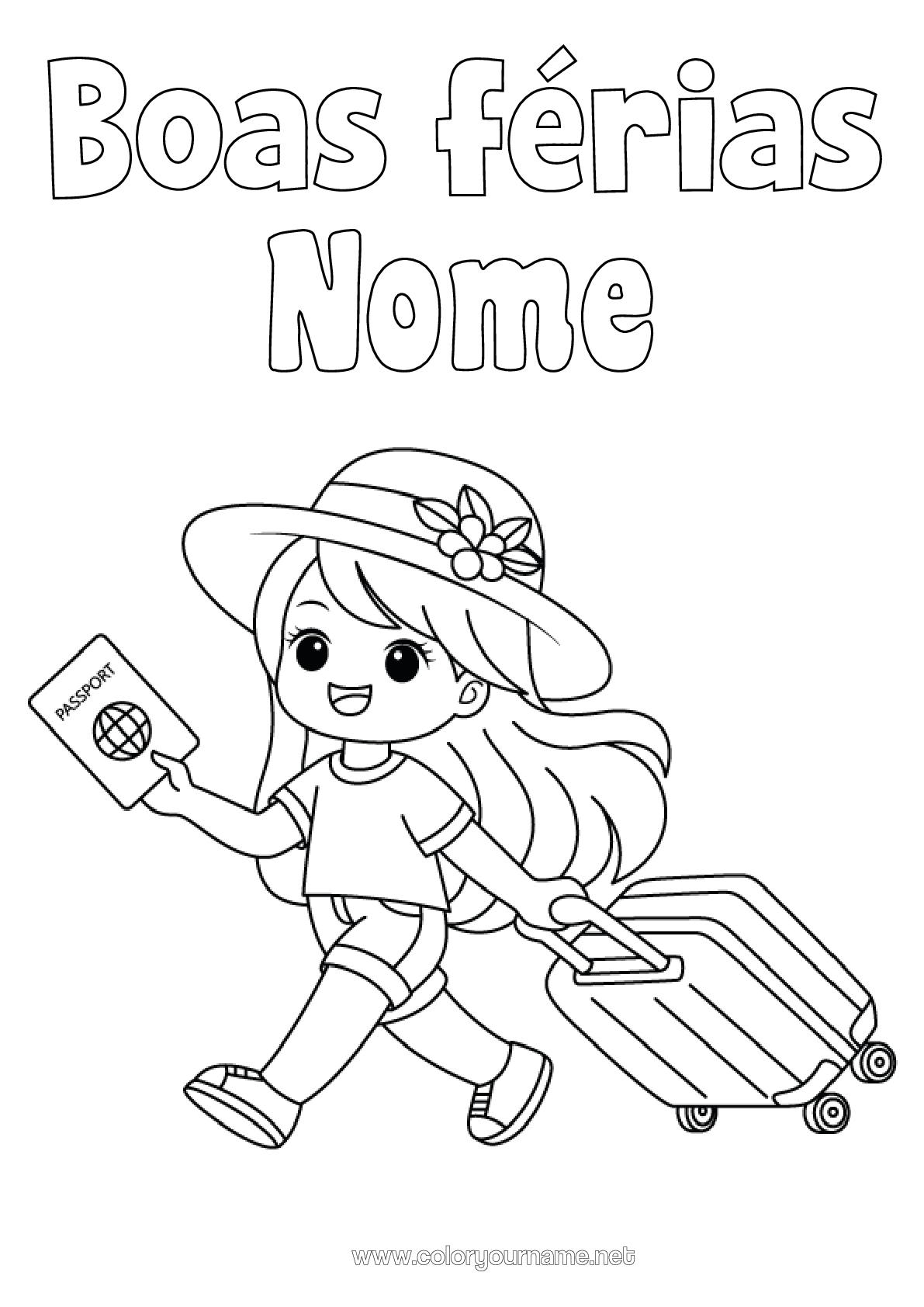 Página de desenho para imprimir Menina Férias Chapéu Valises Et Bagages