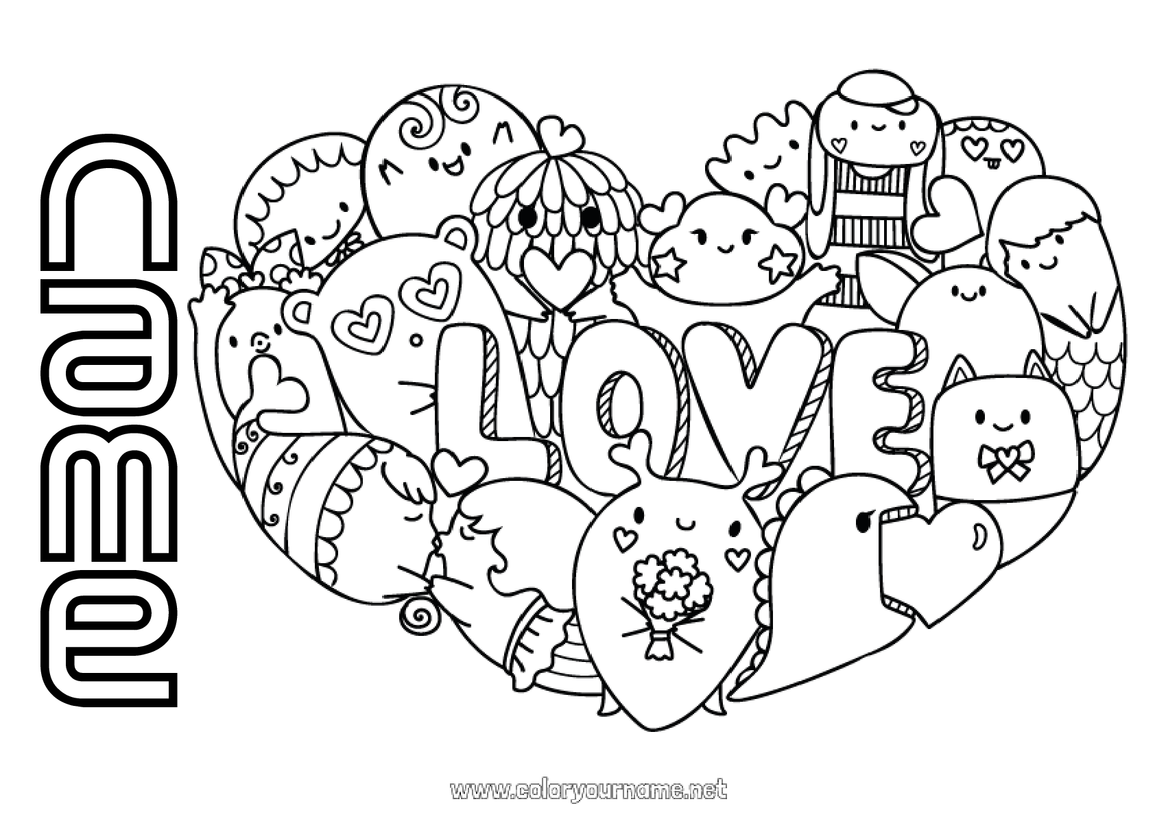 Coloring page No.995 Heart Kawaii I love you
