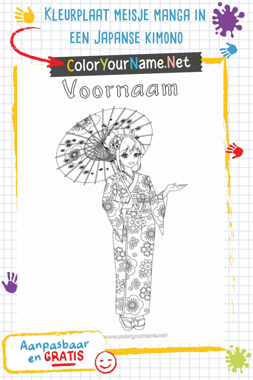 Kleurplaat meisje manga in een Japanse kimono