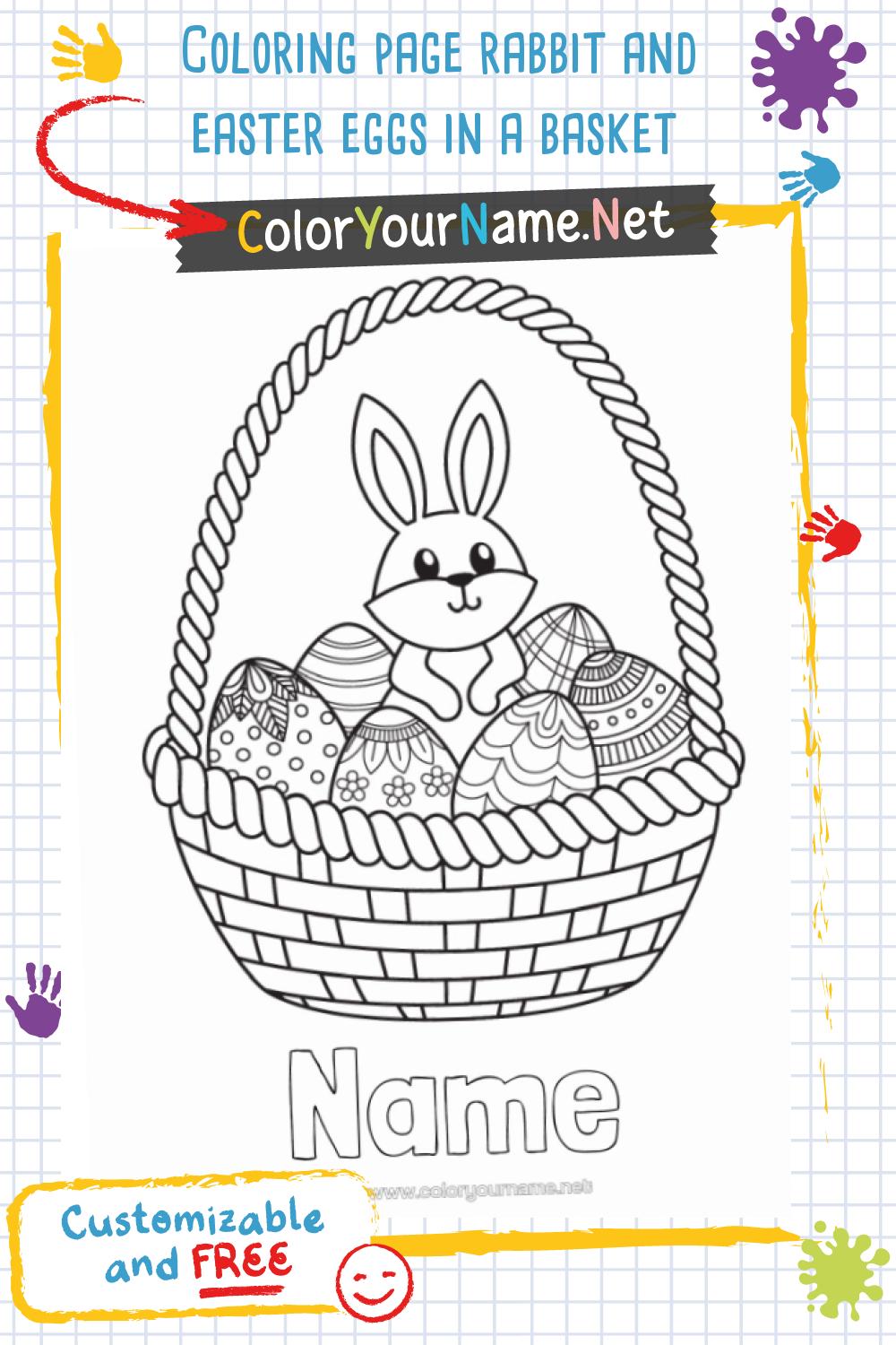 Coloring page rabbit and easter eggs in a basket