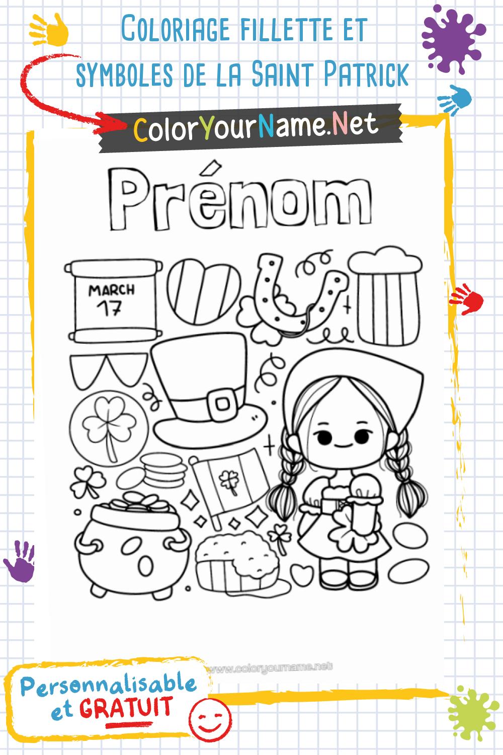 Coloriage fillette et symboles de la Saint Patrick