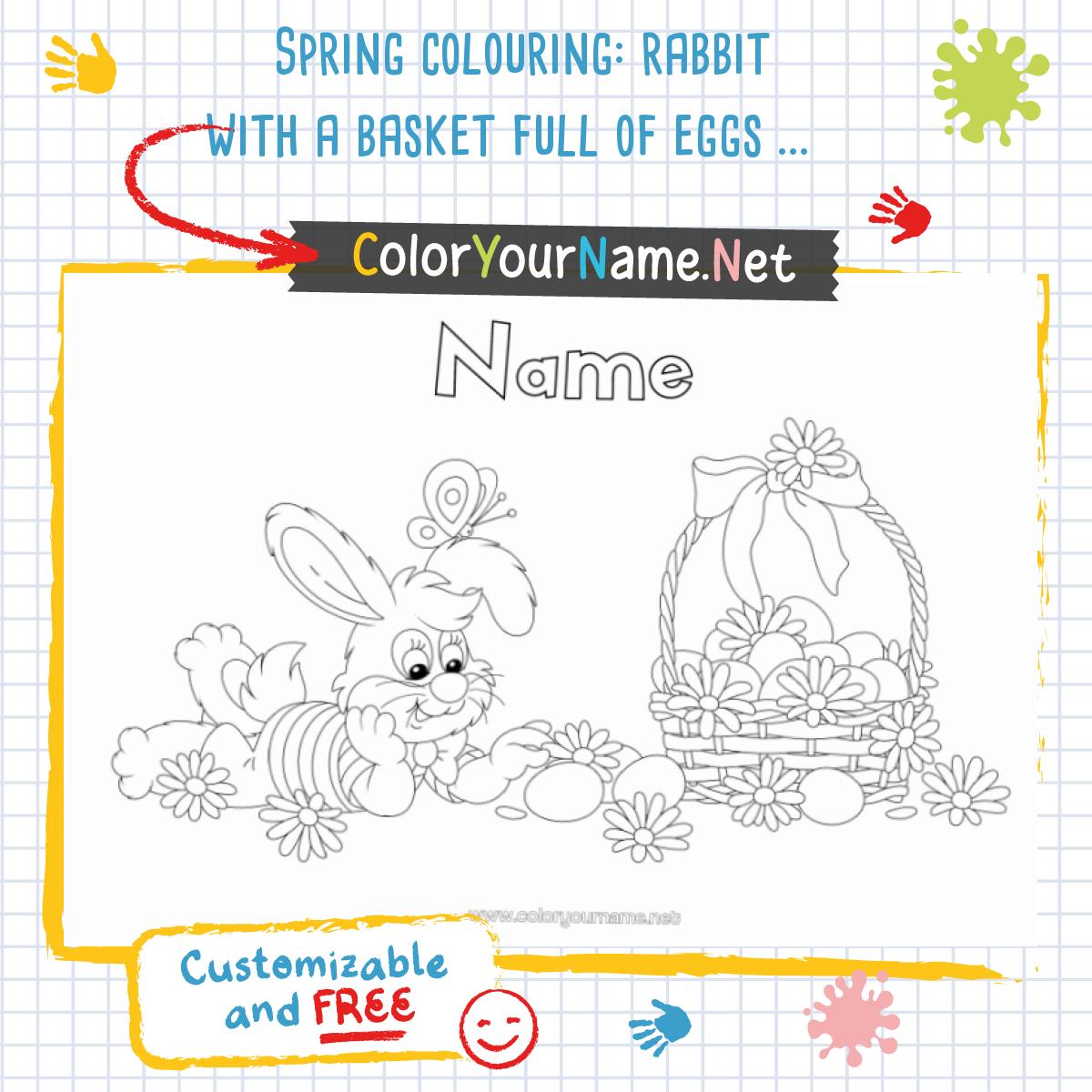 Spring colouring: rabbit with a basket full of eggs and flowers