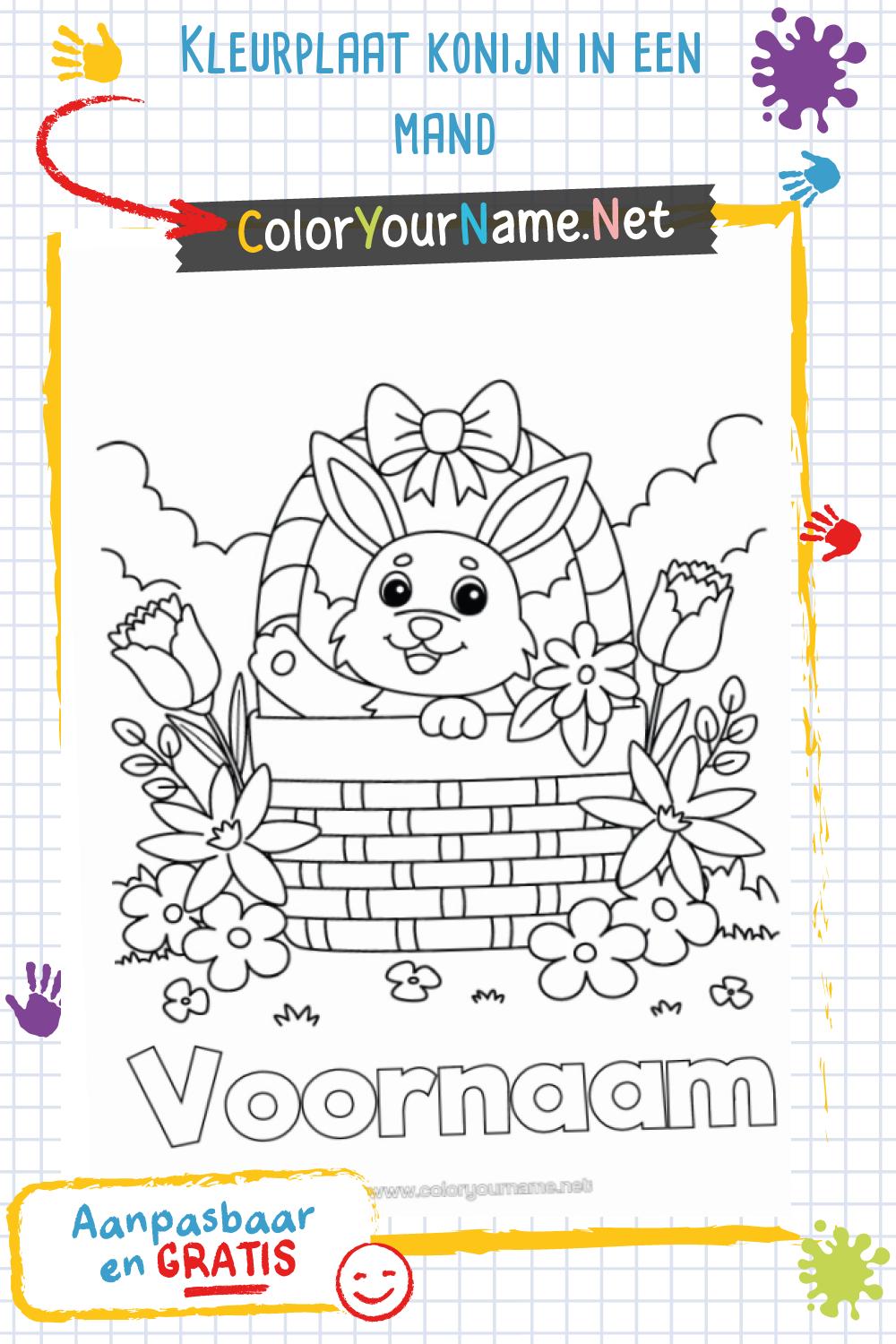 Kleurplaat konijn in een mand