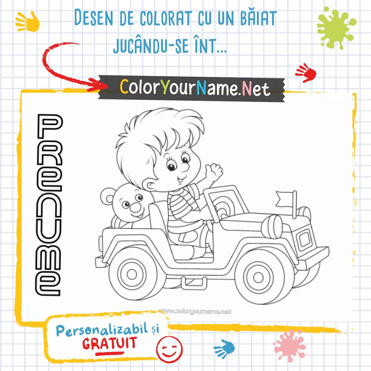 Desen de colorat cu un băiat jucându-se într-o mașină de teren.