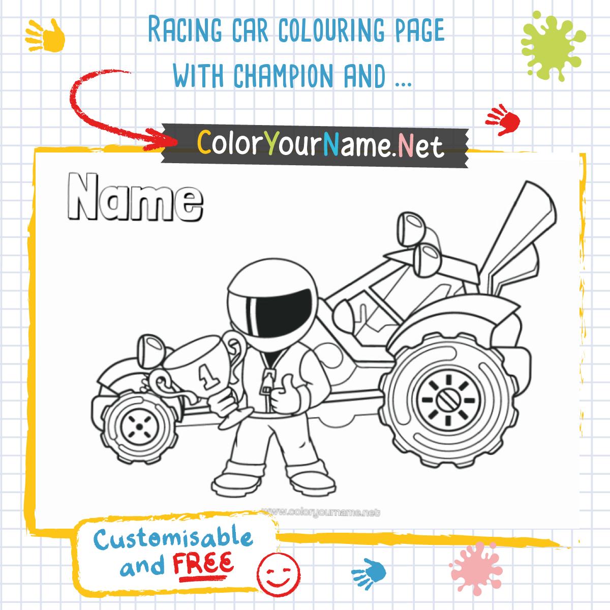 Racing car colouring page with champion and his trophy.
