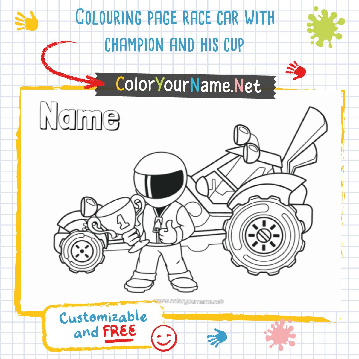 Colouring page race car with champion and his cup