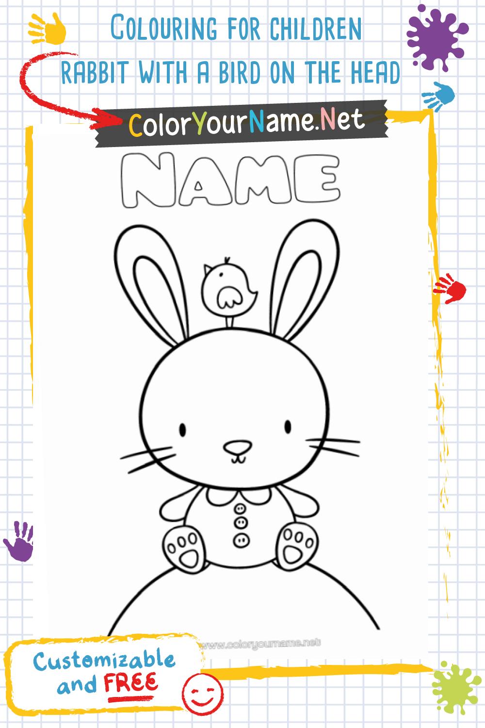 Colouring for children rabbit with a bird on the head