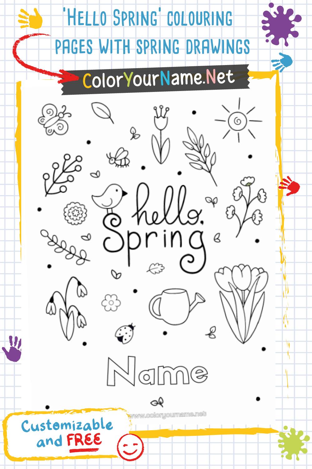 'Hello Spring' colouring pages with spring drawings