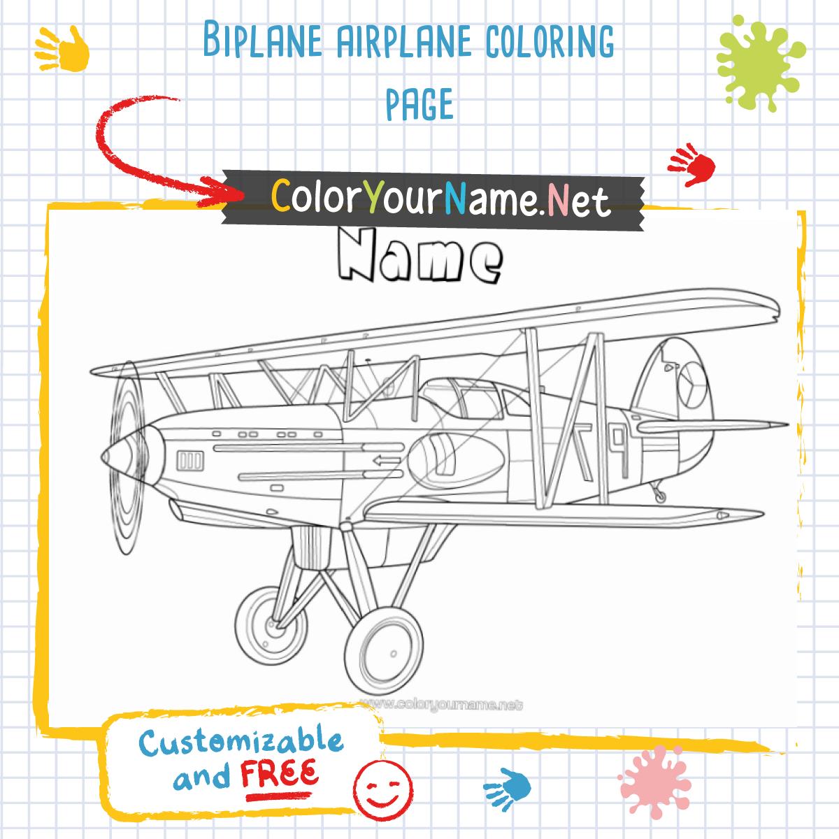Biplane airplane coloring page