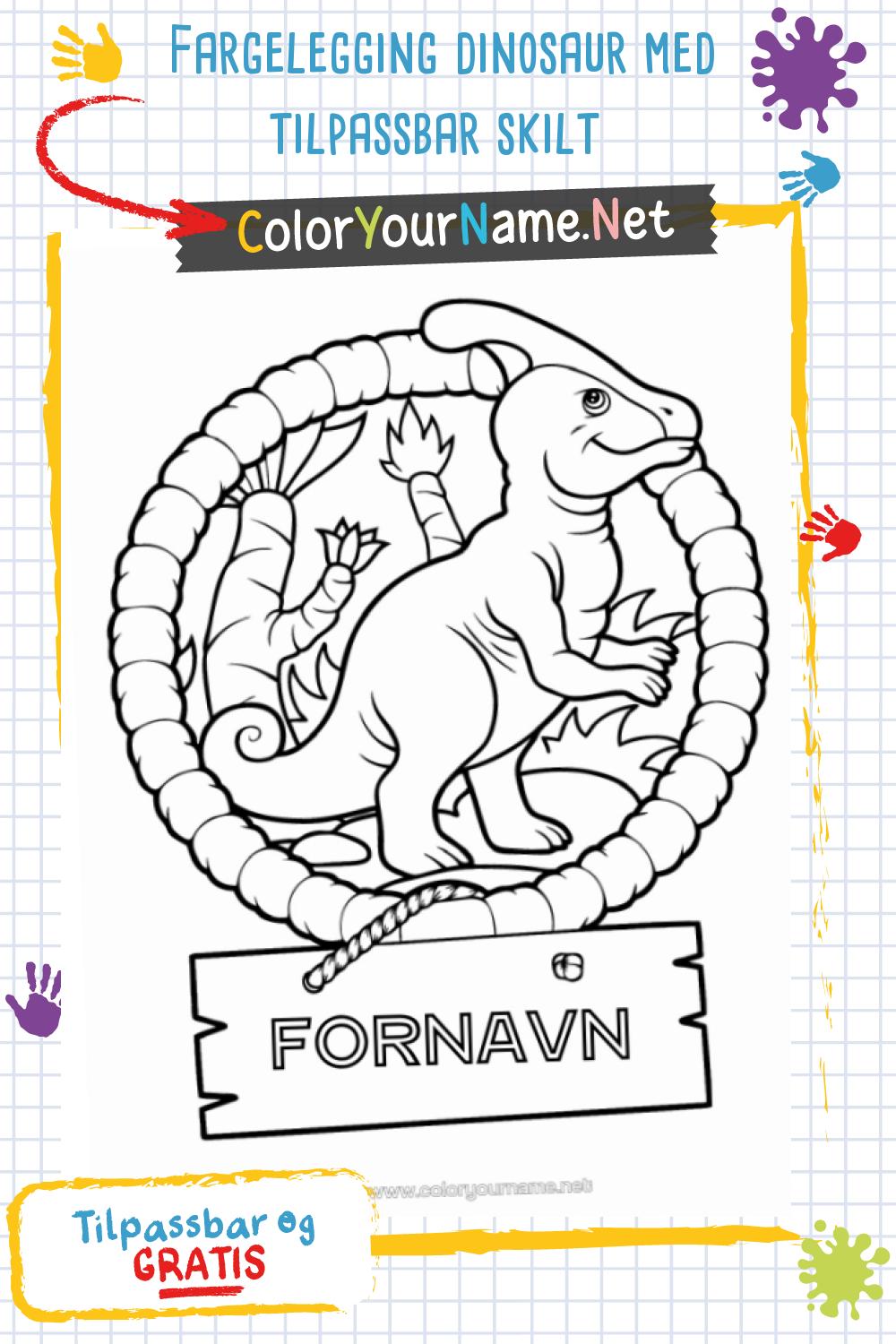 Fargelegging dinosaur med tilpassbar skilt