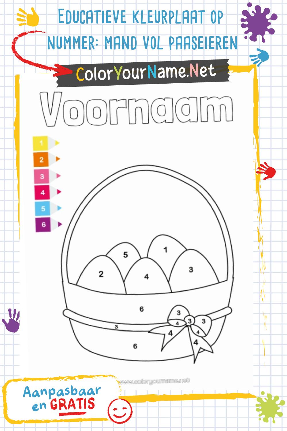 Educatieve kleurplaat op nummer: mand vol paaseieren
