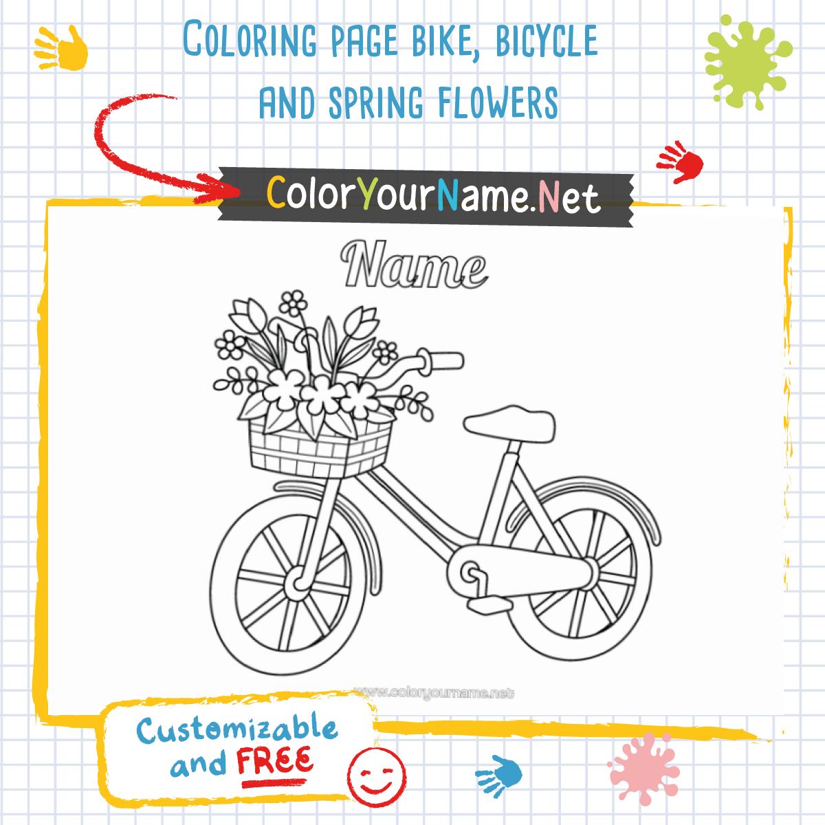 Coloring page bike, bicycle and spring flowers