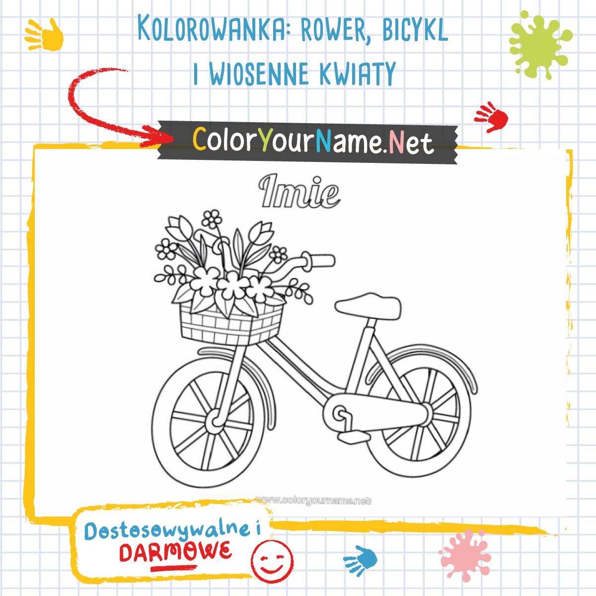Kolorowanka: rower, bicykl i wiosenne kwiaty