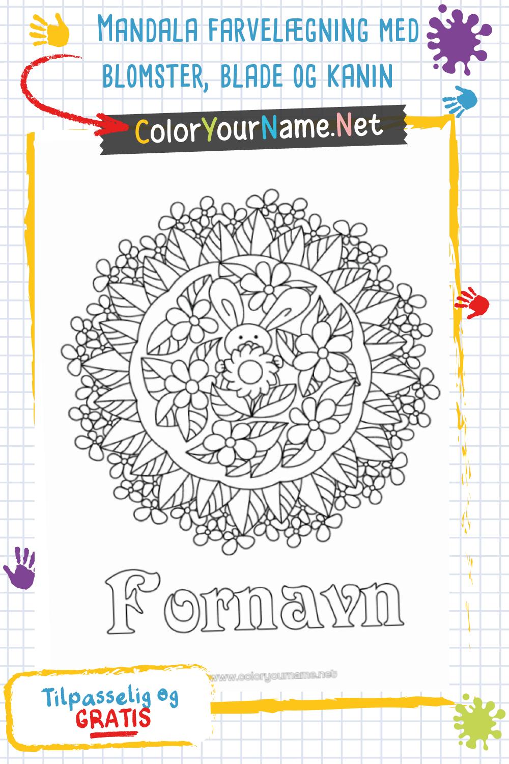 Mandala farvelægning med blomster, blade og kanin