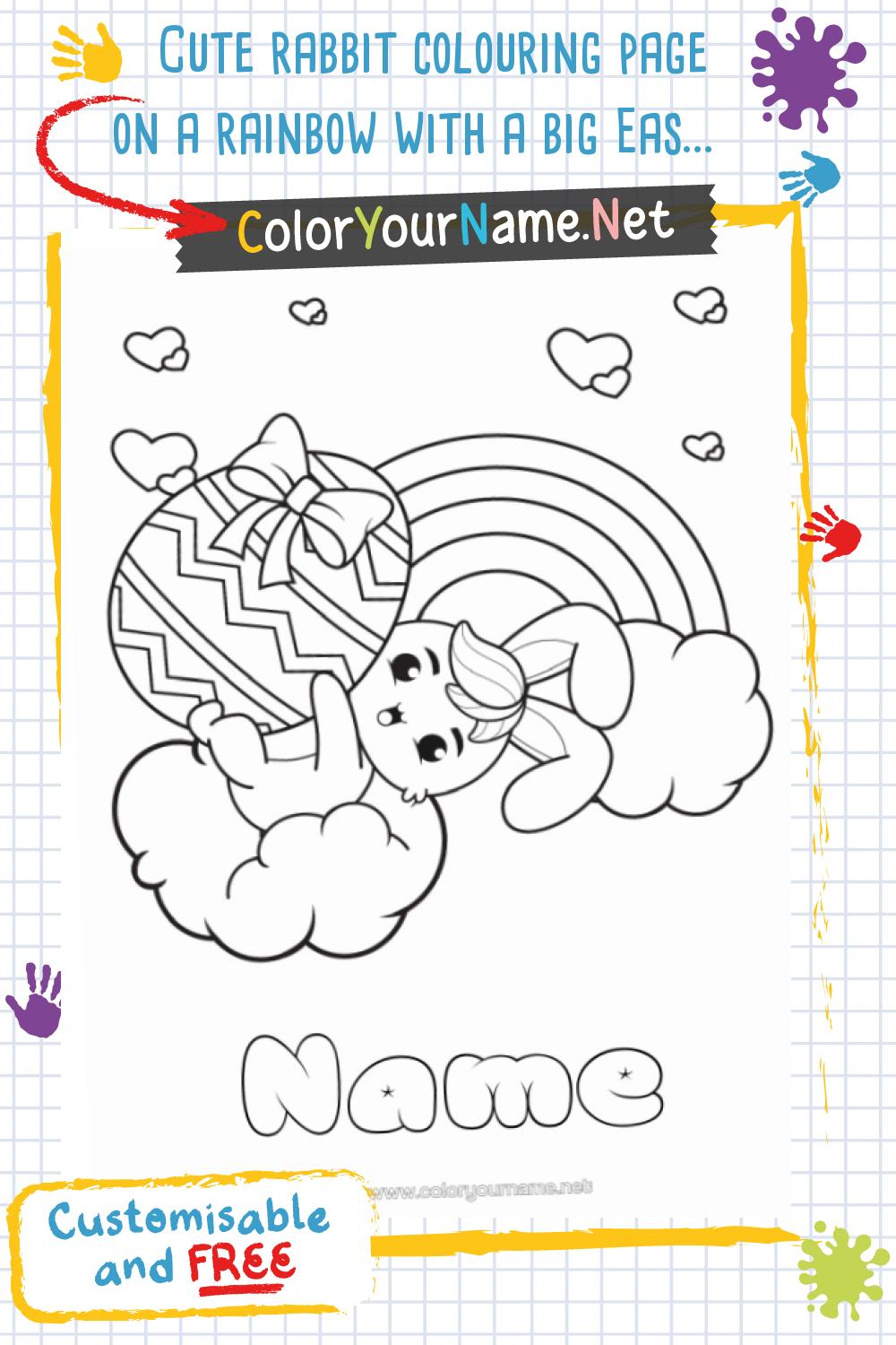 Cute rabbit colouring page on a rainbow with a big Easter egg.