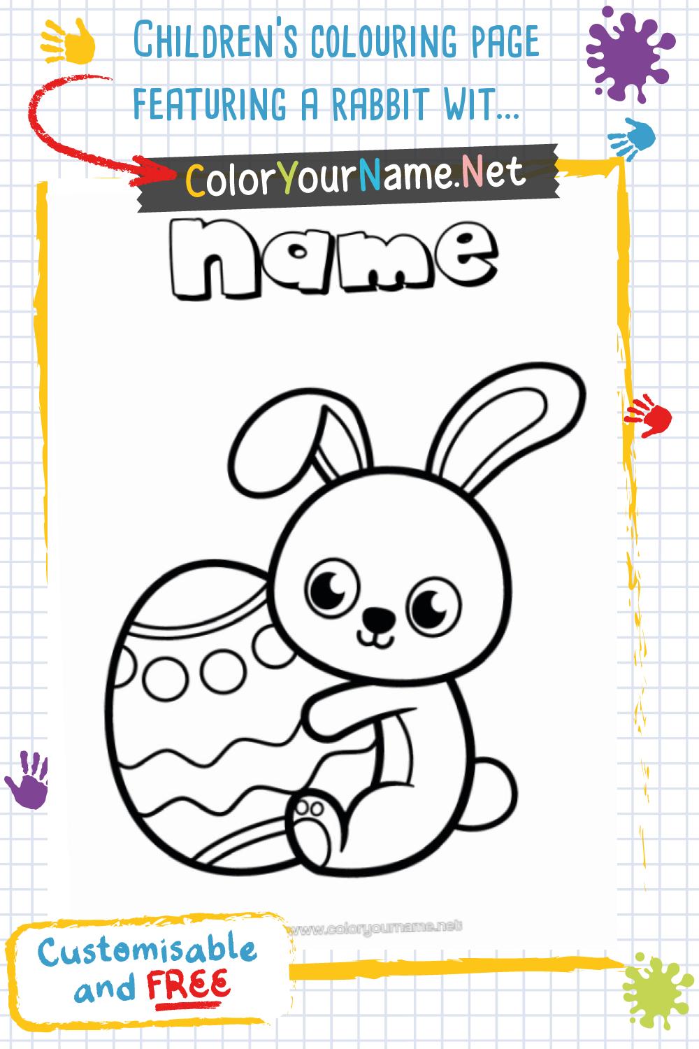 Children's colouring page featuring a rabbit with a large Easter egg.