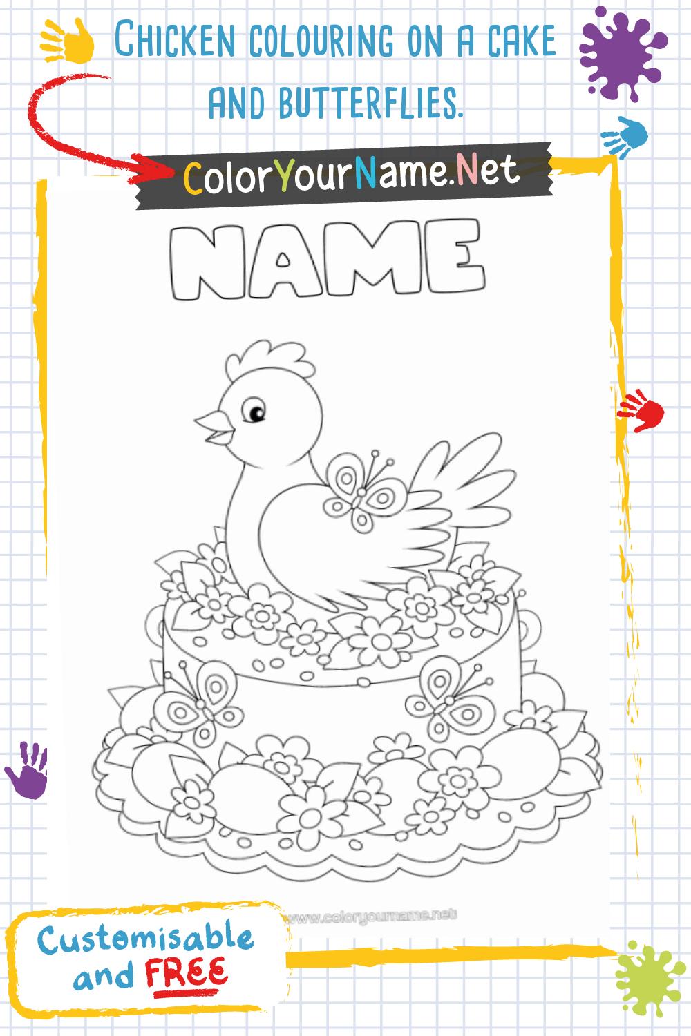 Chicken colouring on a cake and butterflies.
