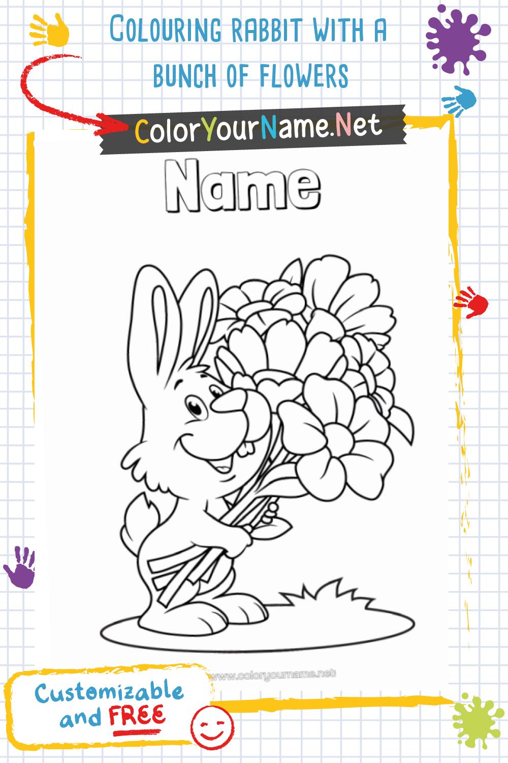 Colouring rabbit with a bunch of flowers