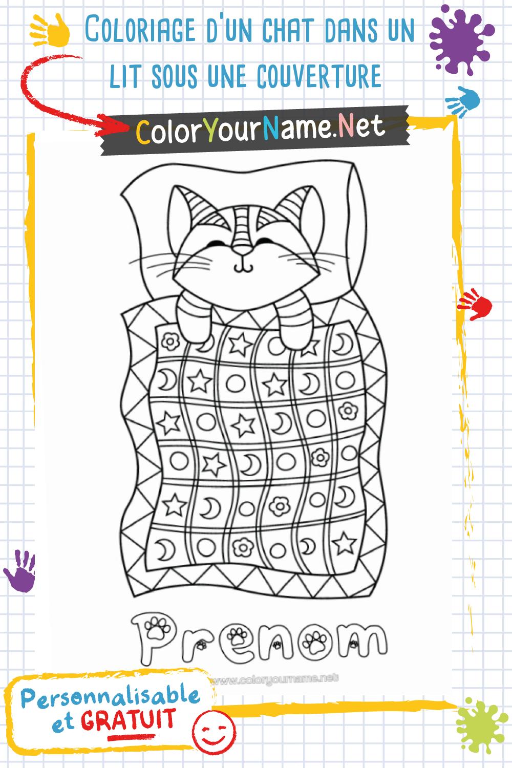 Coloriage d'un chat dans un lit sous une couverture