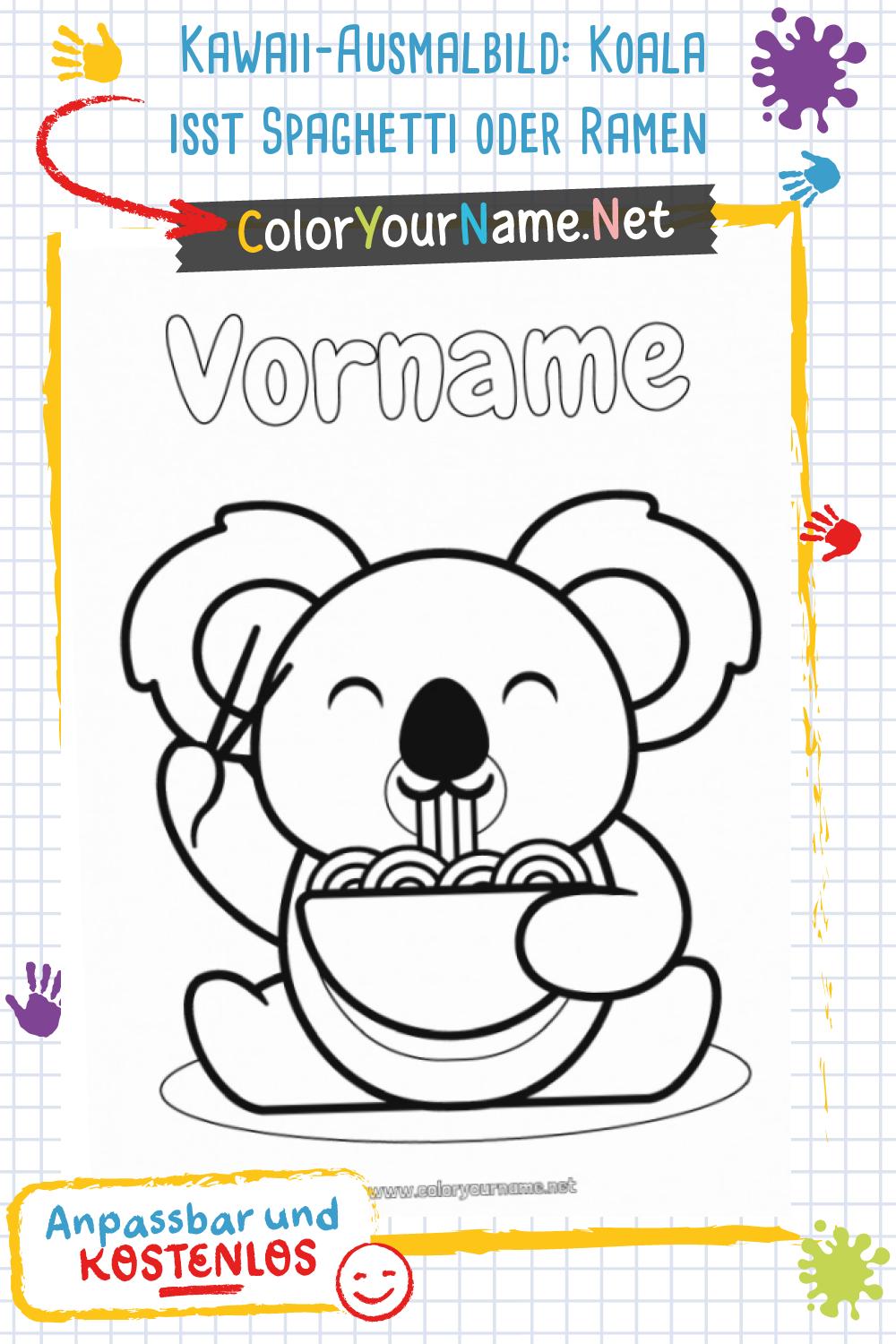  Kawaii-Ausmalbild: Koala isst Spaghetti oder Ramen Motiv 