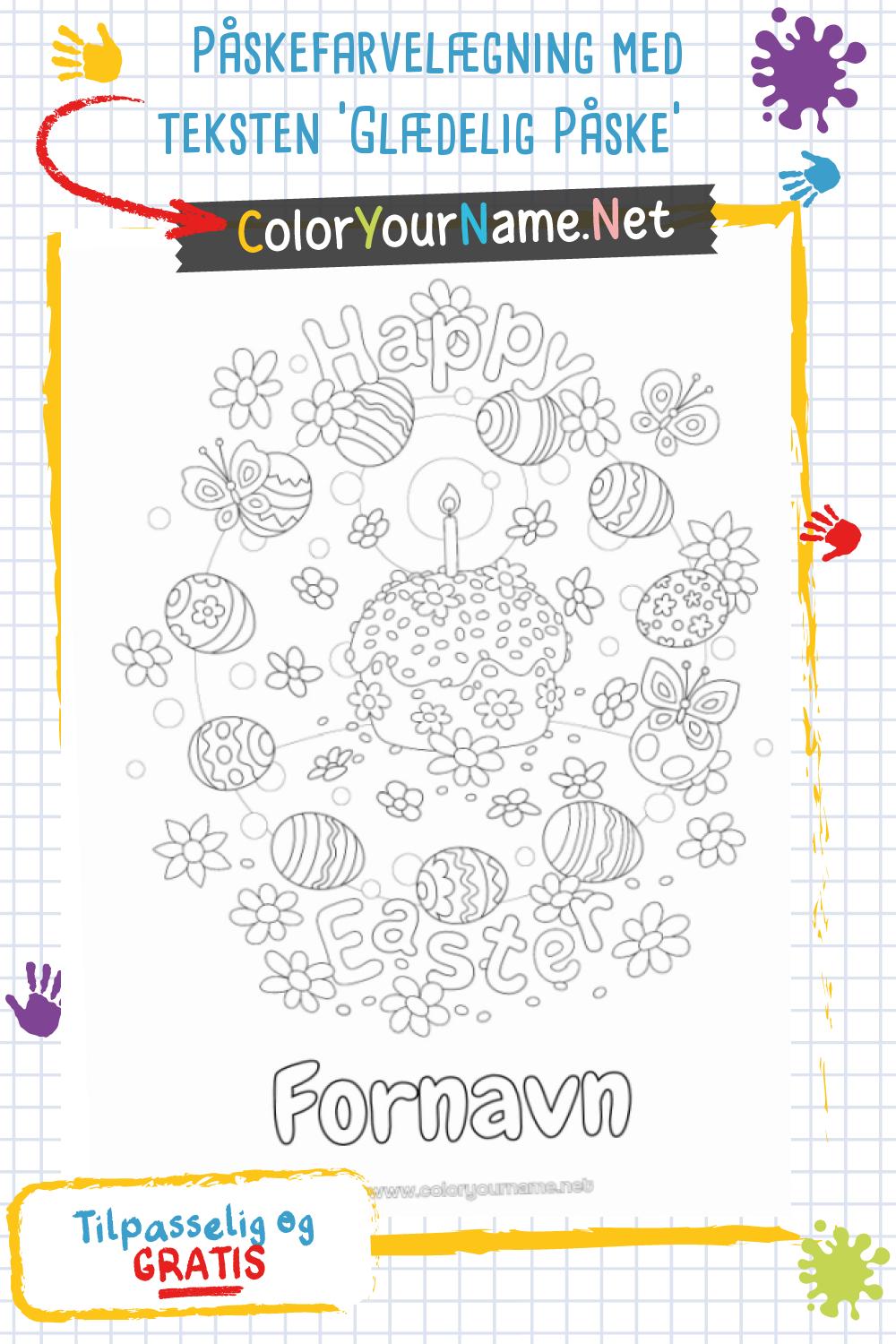 Påskefarvelægning med teksten 'Glædelig Påske'