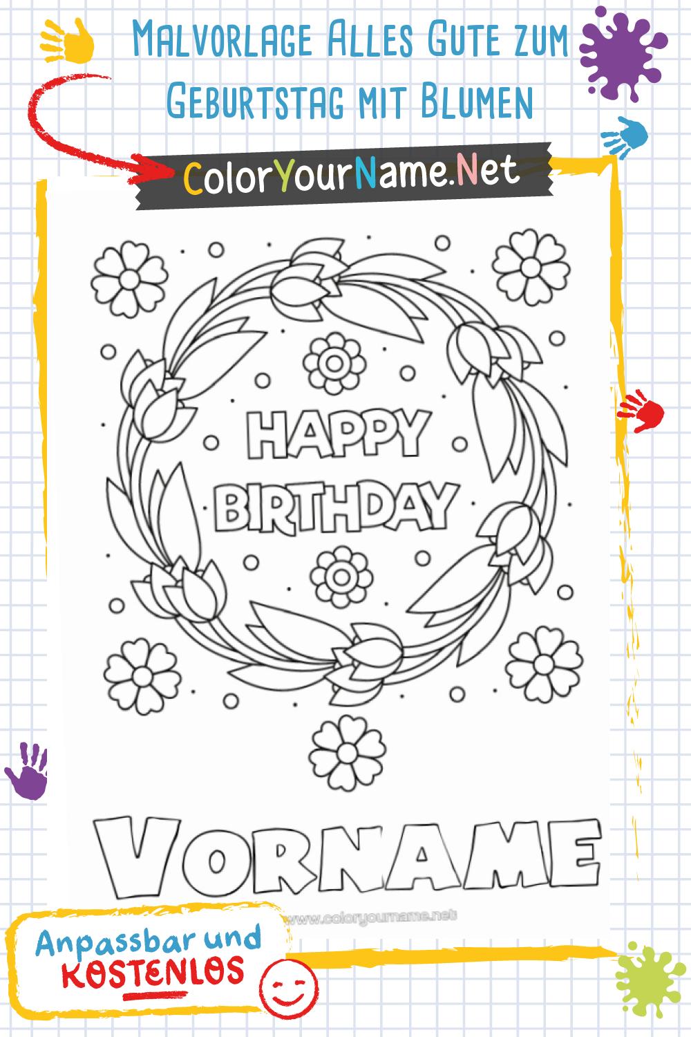 Malvorlage Alles Gute zum Geburtstag mit Blumen