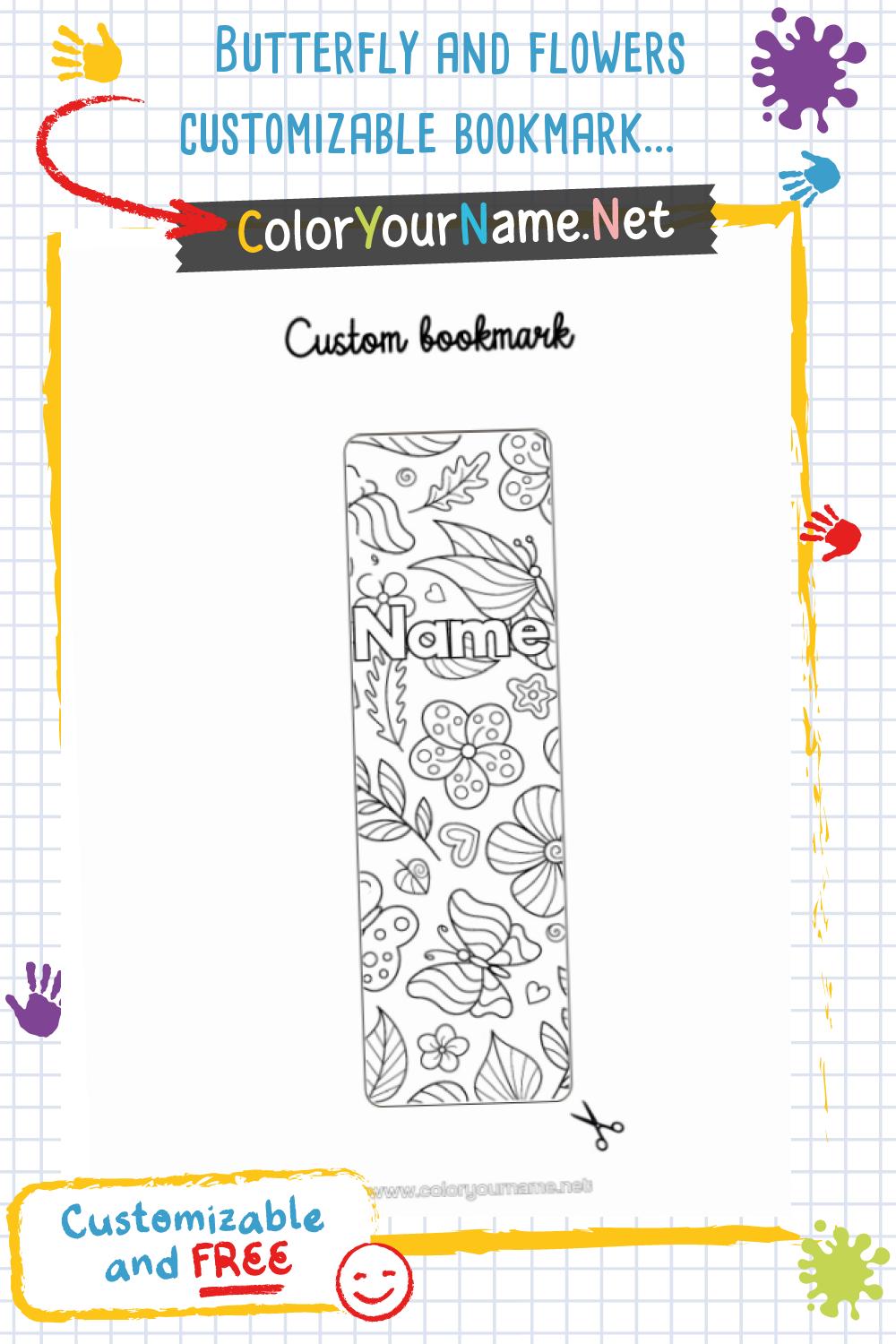 Butterfly and flowers customizable bookmark to print