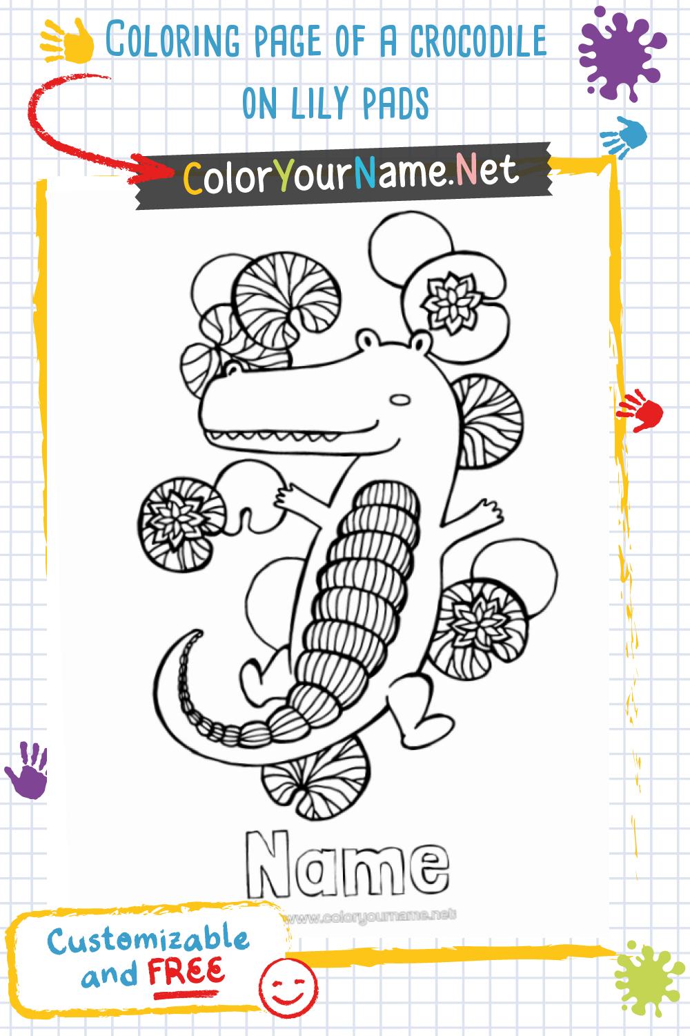 Coloring page of a crocodile on lily pads