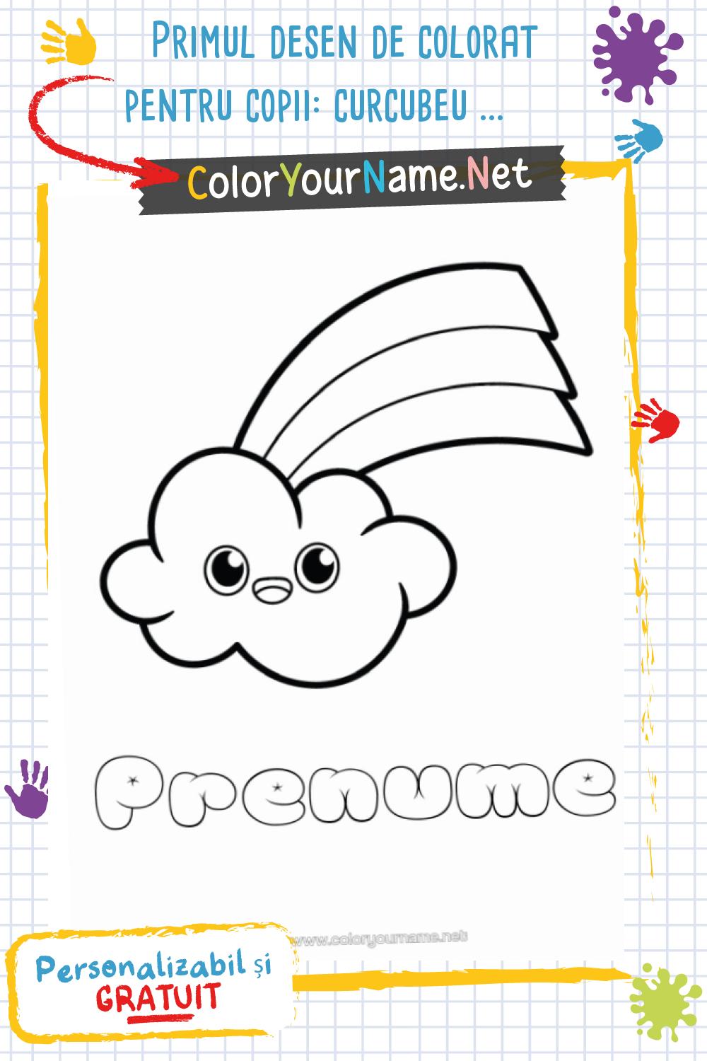 Primul desen de colorat pentru copii: curcubeu și nor kawaii.