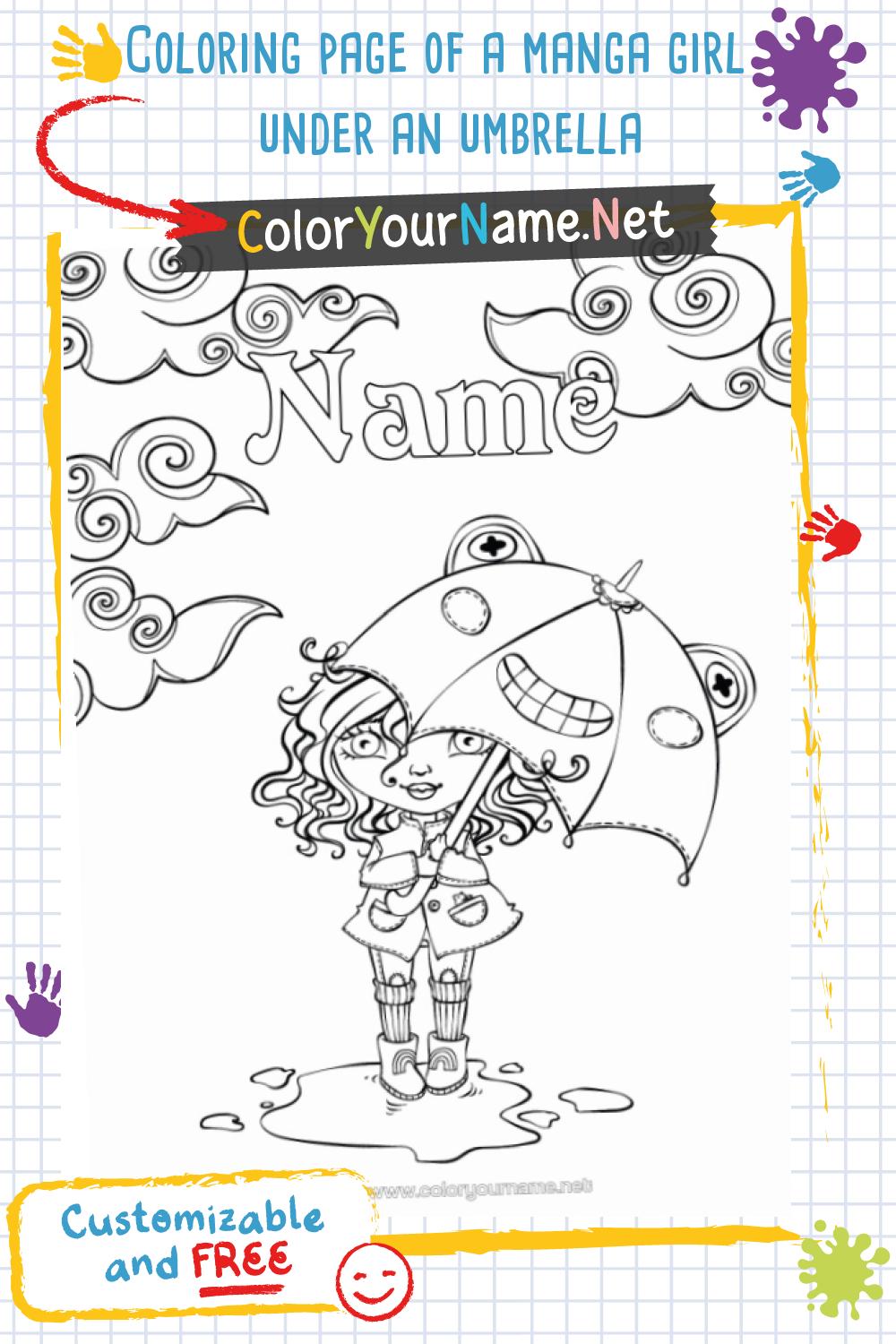 Coloring page of a manga girl under an umbrella