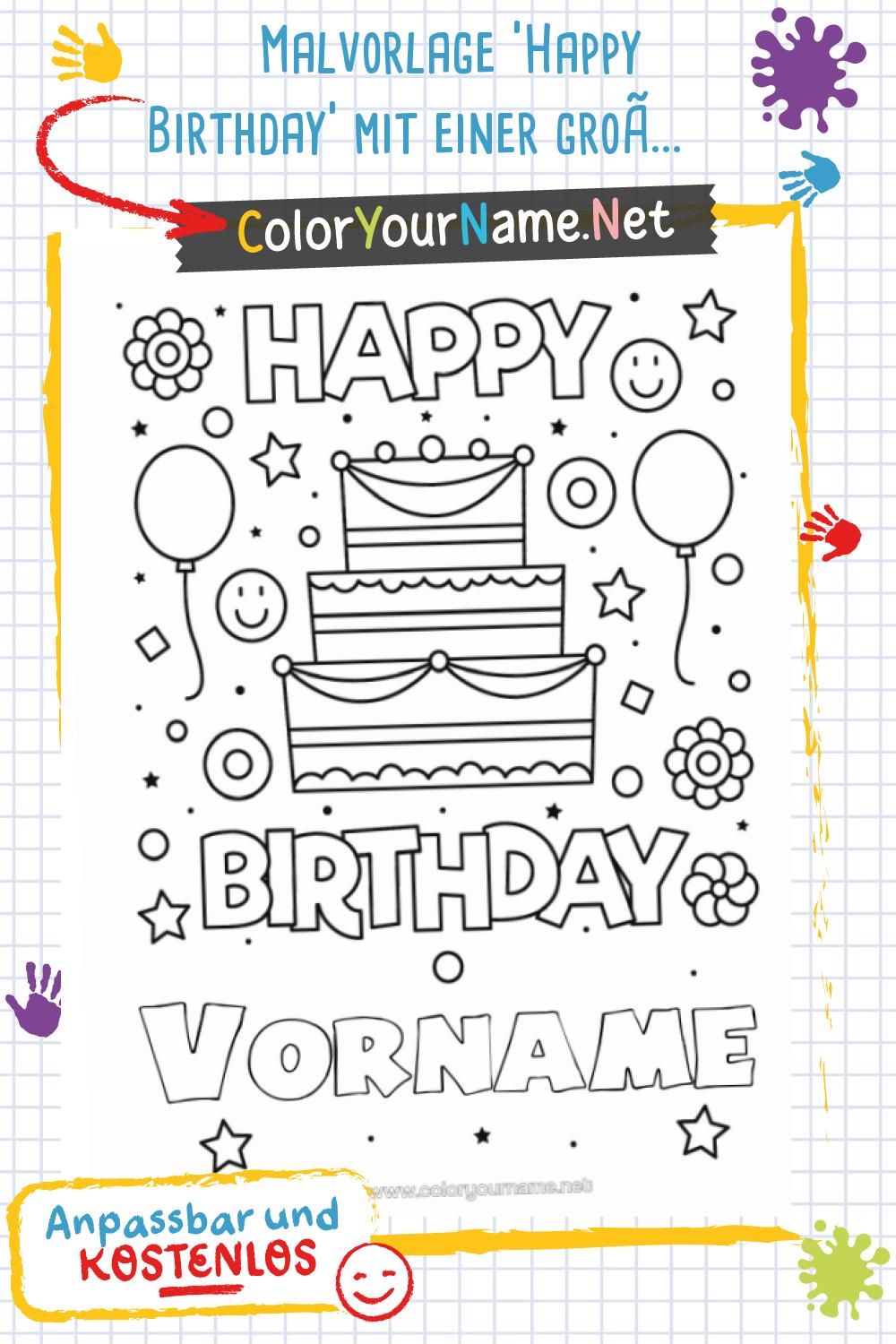 Malvorlage 'Happy Birthday' mit einer großen Geburtstagstorte