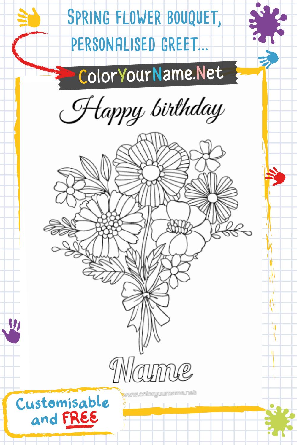 Spring flower bouquet, personalised greeting message.
