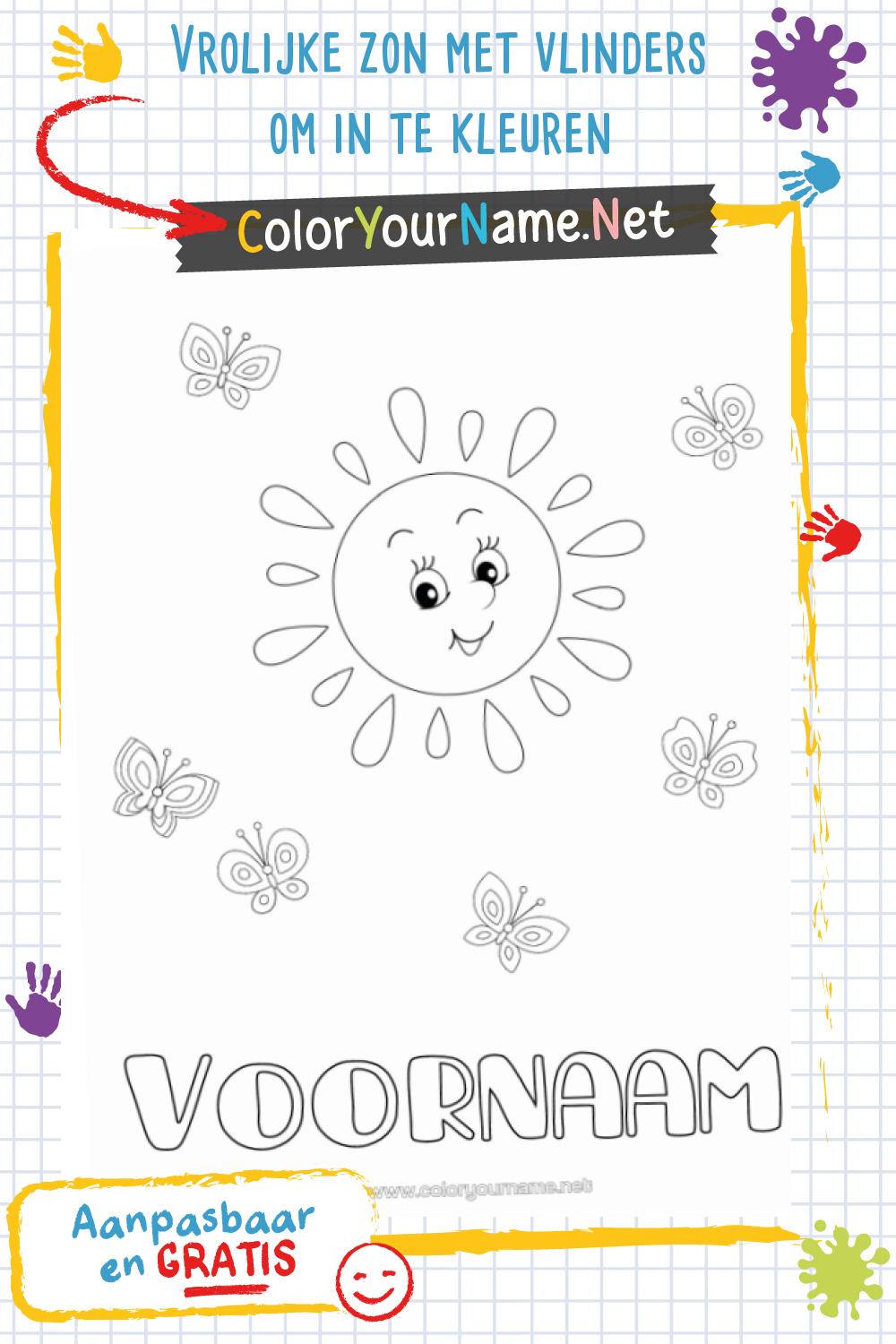 Vrolijke zon met vlinders om in te kleuren