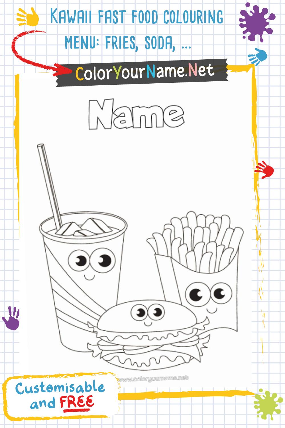 Kawaii fast food colouring menu: fries, soda, and hamburger.