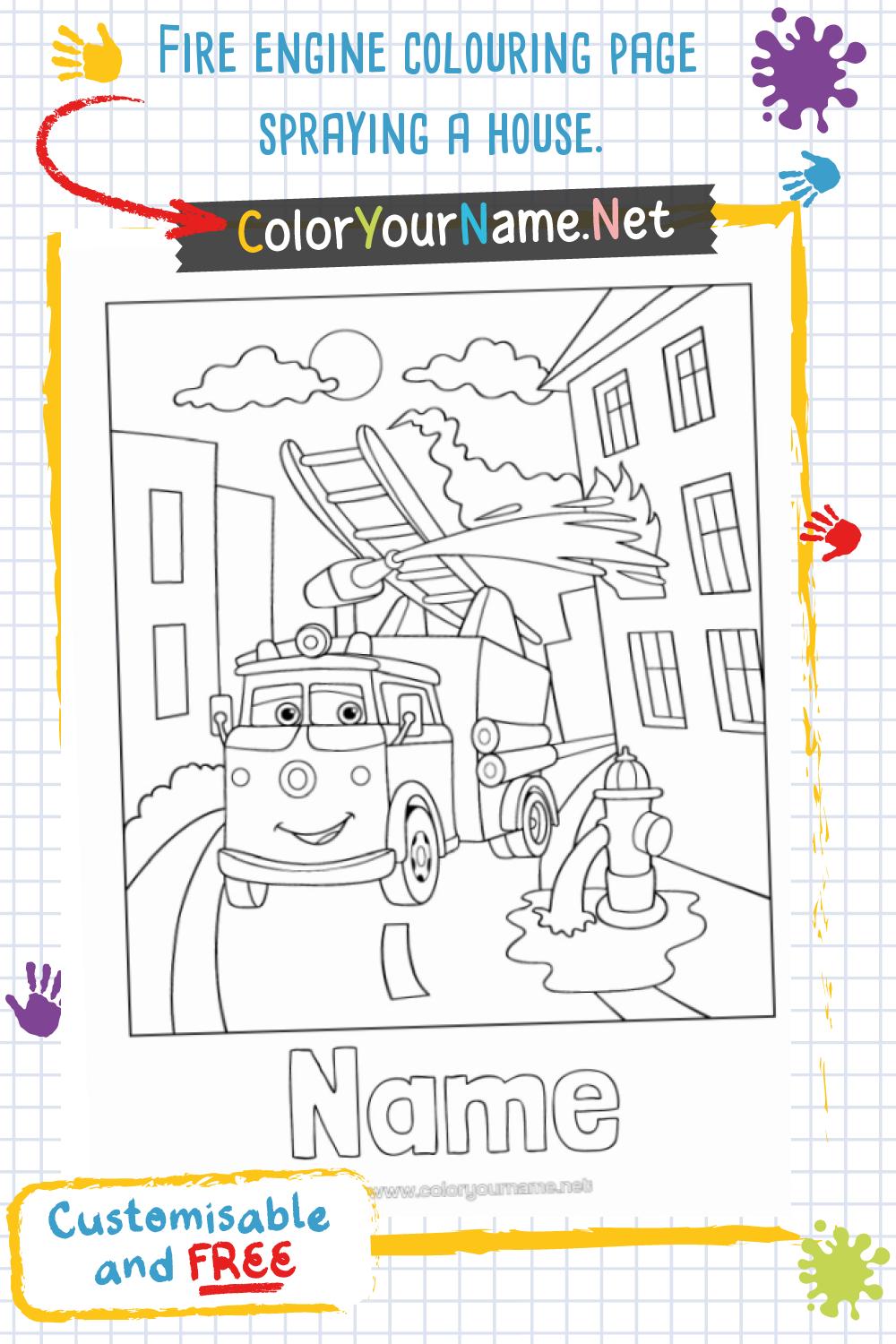 Fire engine colouring page spraying a house.