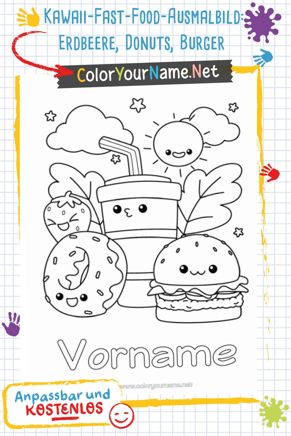 Kawaii-Fast-Food-Ausmalbild: Erdbeere, Donuts, Burger